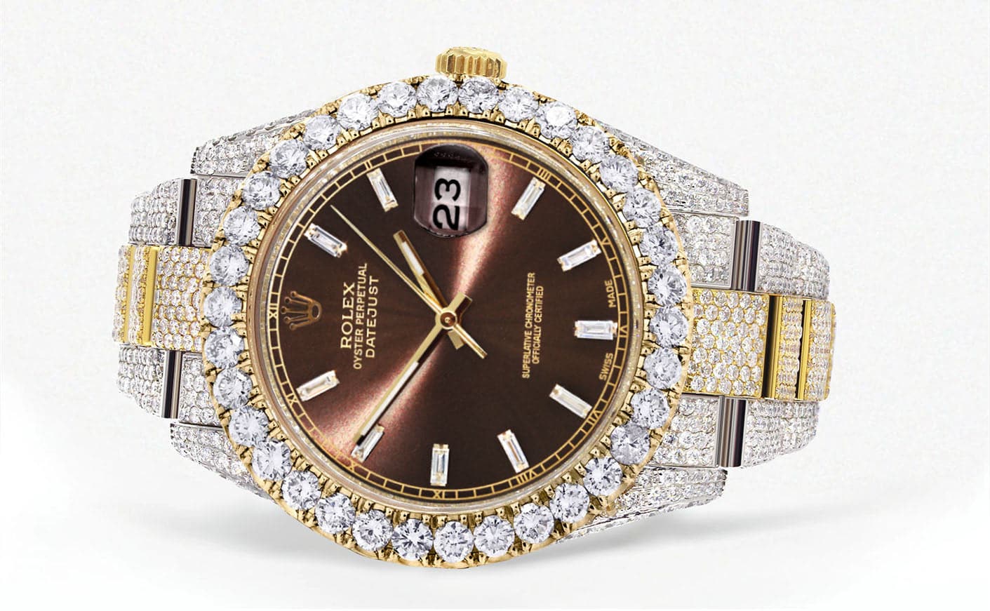 Diamond Iced Out Rolex Datejust 41 | 25 Carats Of Diamonds | Morocco Brown Diamond Dial | Two Tone | Oyster Band - Image 2