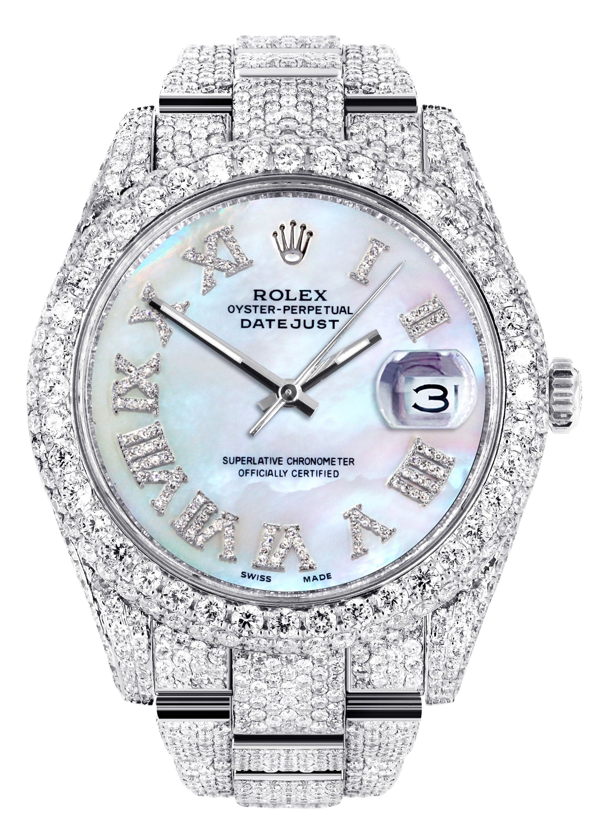 Diamond Iced Out Rolex Datejust 41 | 25 Carats Of Diamonds | Mother of Pearl Dial | Two Row | Oyster Band