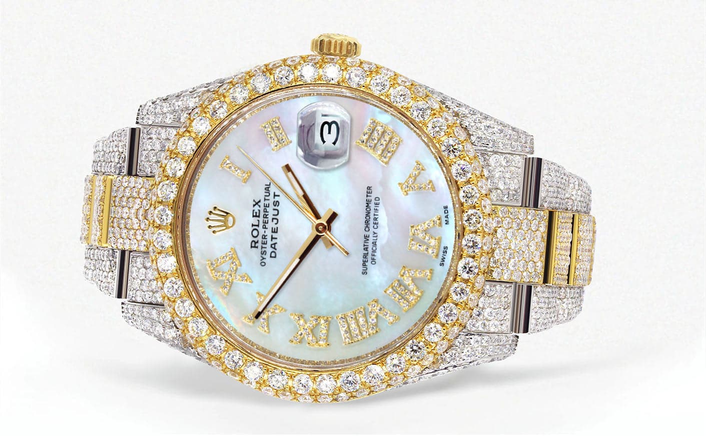 Diamond Iced Out Rolex Datejust 41 | 25 Carats Of Diamonds | Mother of Pearl Roman Numeral Dial | Two Tone | Two Row | Oyster Band - Image 2
