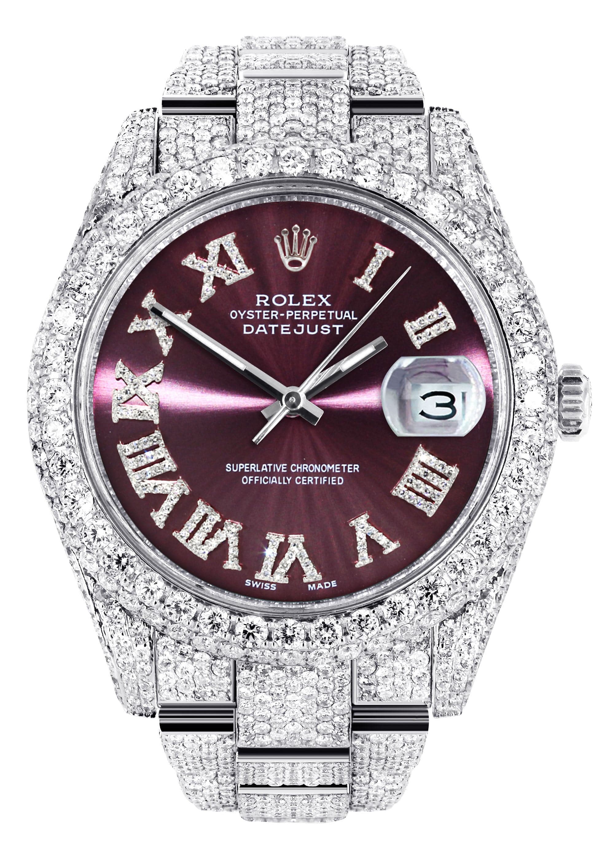 Diamond Iced Out Rolex Datejust 41 | 25 Carats Of Diamonds | Purple Roman Numeral Dial | Two Row | Oyster Band