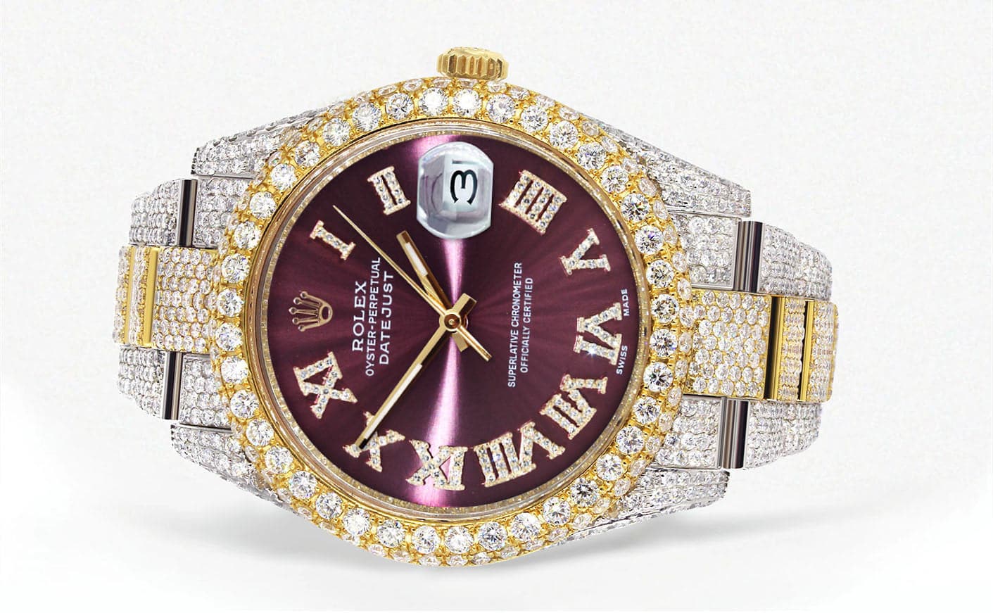 Diamond Iced Out Rolex Datejust 41 | 25 Carats Of Diamonds | Purple Roman Numeral Dial | Two Tone | Two Row | Oyster Band - Image 2
