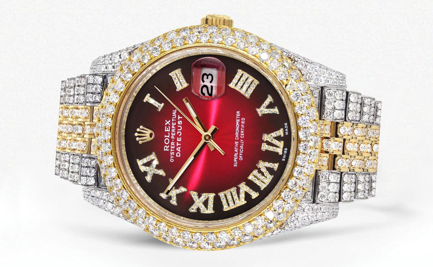 Diamond Iced Out Rolex Datejust 41 | 25 Carats Of Diamonds | Red Black Dial | Two Tone | Two Row | Jubilee Band - Image 2