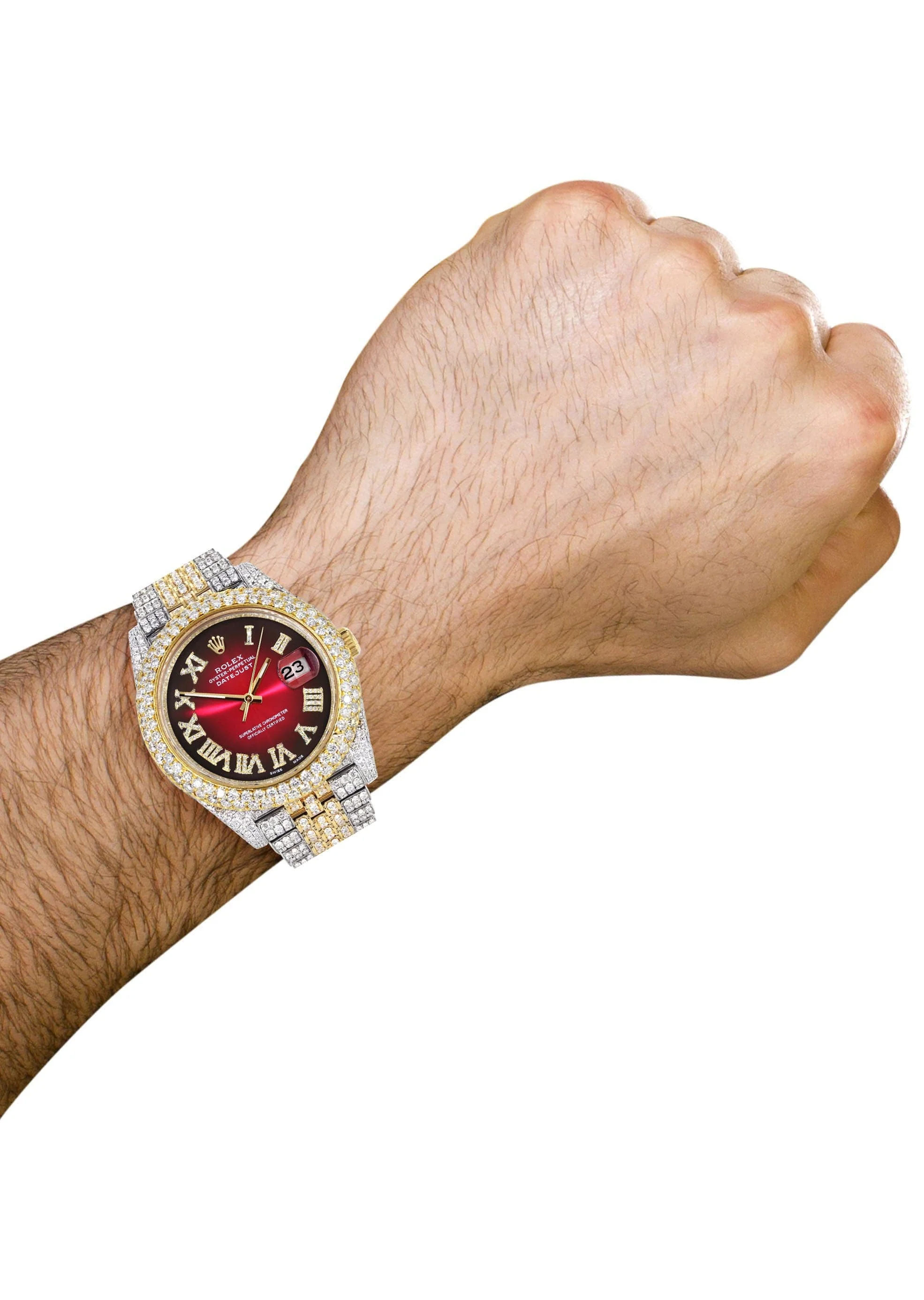 Diamond Iced Out Rolex Datejust 41 | 25 Carats Of Diamonds | Red Black Dial | Two Tone | Two Row | Jubilee Band - Image 3