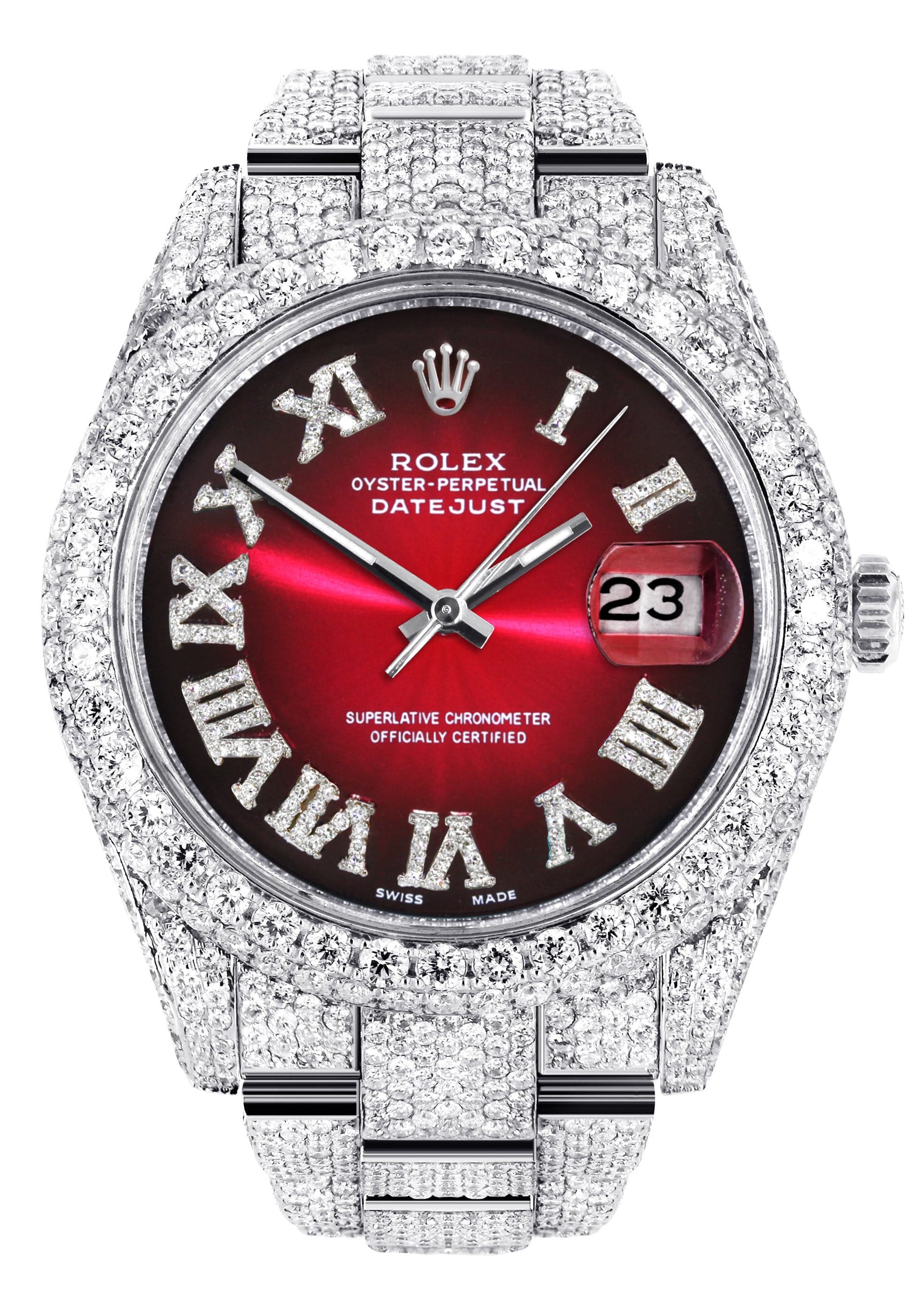 Diamond Iced Out Rolex Datejust 41 | 25 Carats Of Diamonds | Red Black Roman Numeral Dial | Two Row | Oyster Band