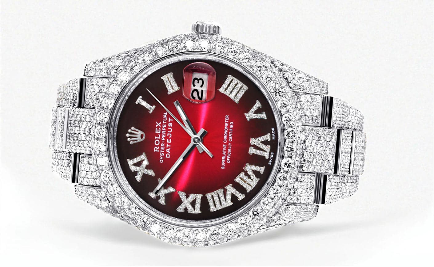 Diamond Iced Out Rolex Datejust 41 | 25 Carats Of Diamonds | Red Black Roman Numeral Dial | Two Row | Oyster Band - Image 2
