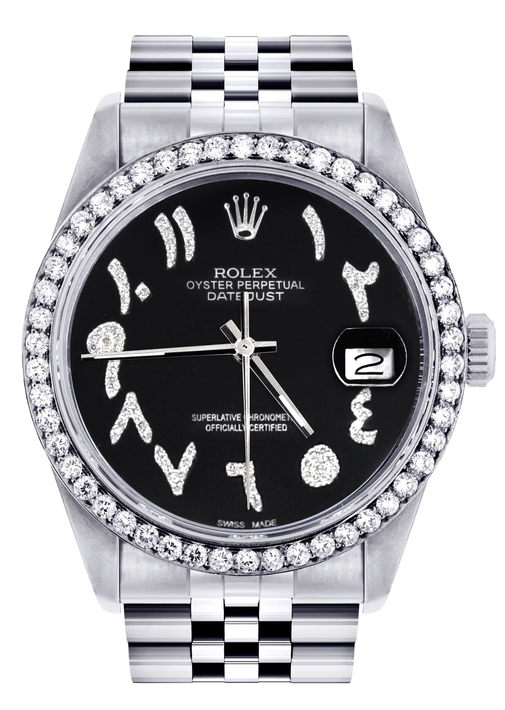 Diamond Mens Rolex Datejust Watch 16200 | 36Mm | Black Arabic Diamond Dial | Jubilee Band