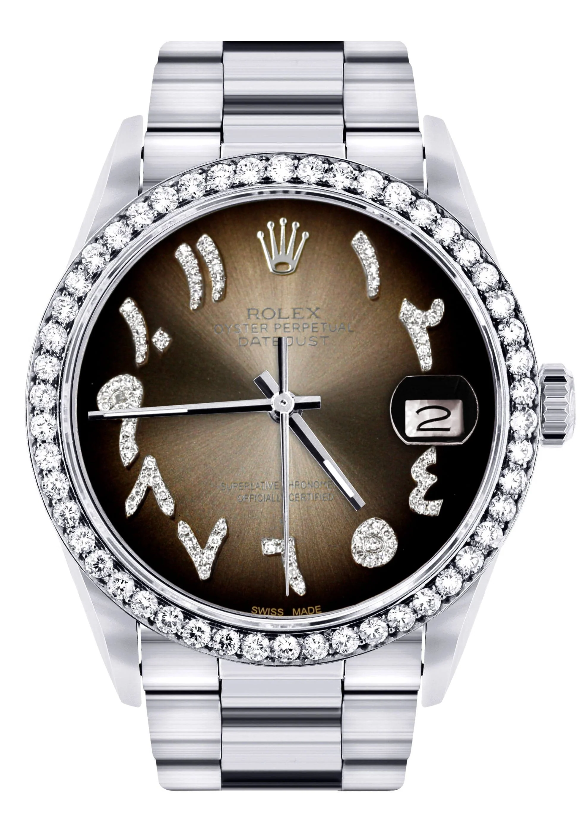 Diamond Mens Rolex Datejust Watch 16200 | 36Mm | Brown Arabic Diamond Dial | Oyster Band