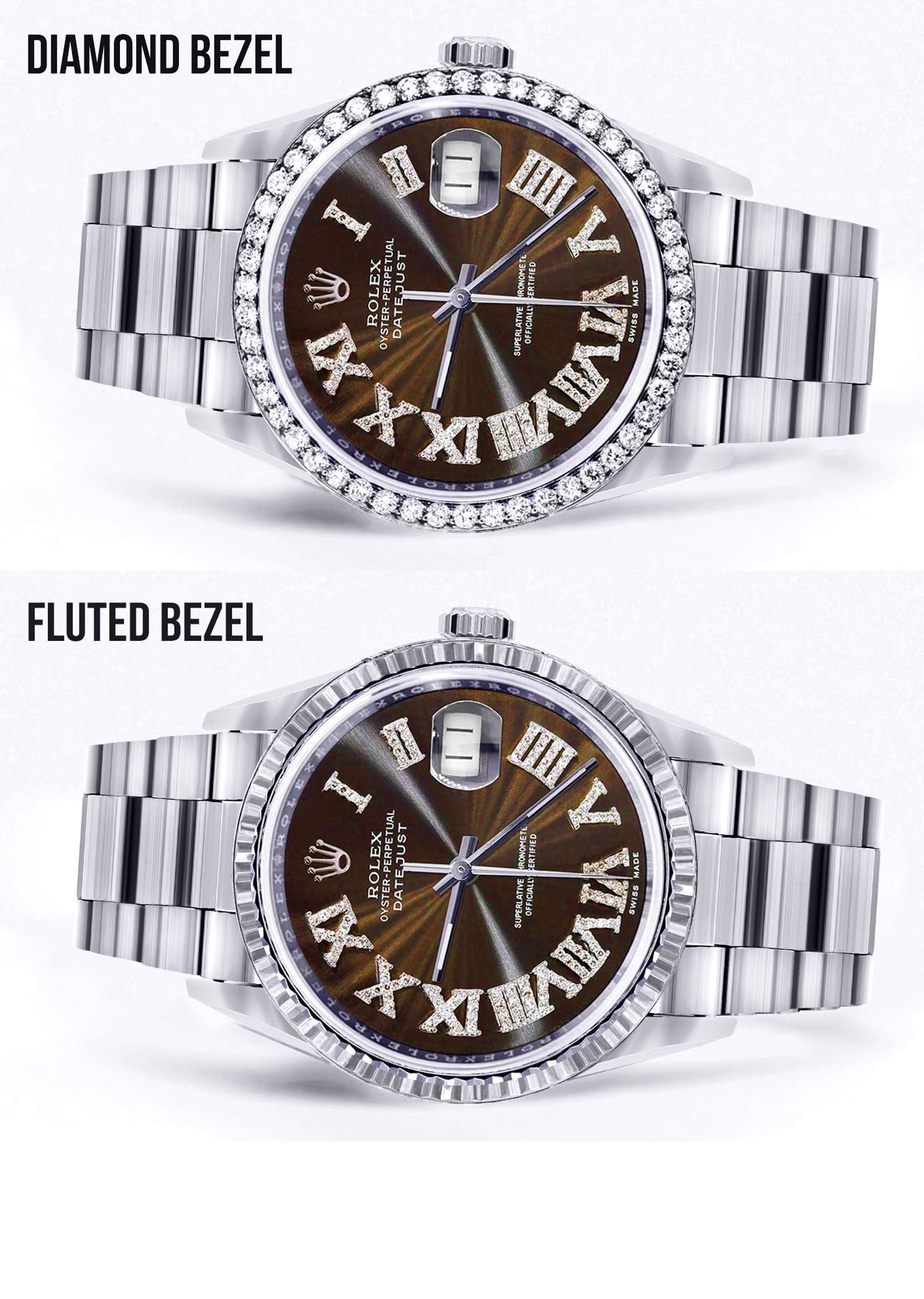Diamond Mens Rolex Datejust Watch 16200 | 36Mm | Custom Dark Brown Roman Numeral Dial | Oyster Band - Image 2