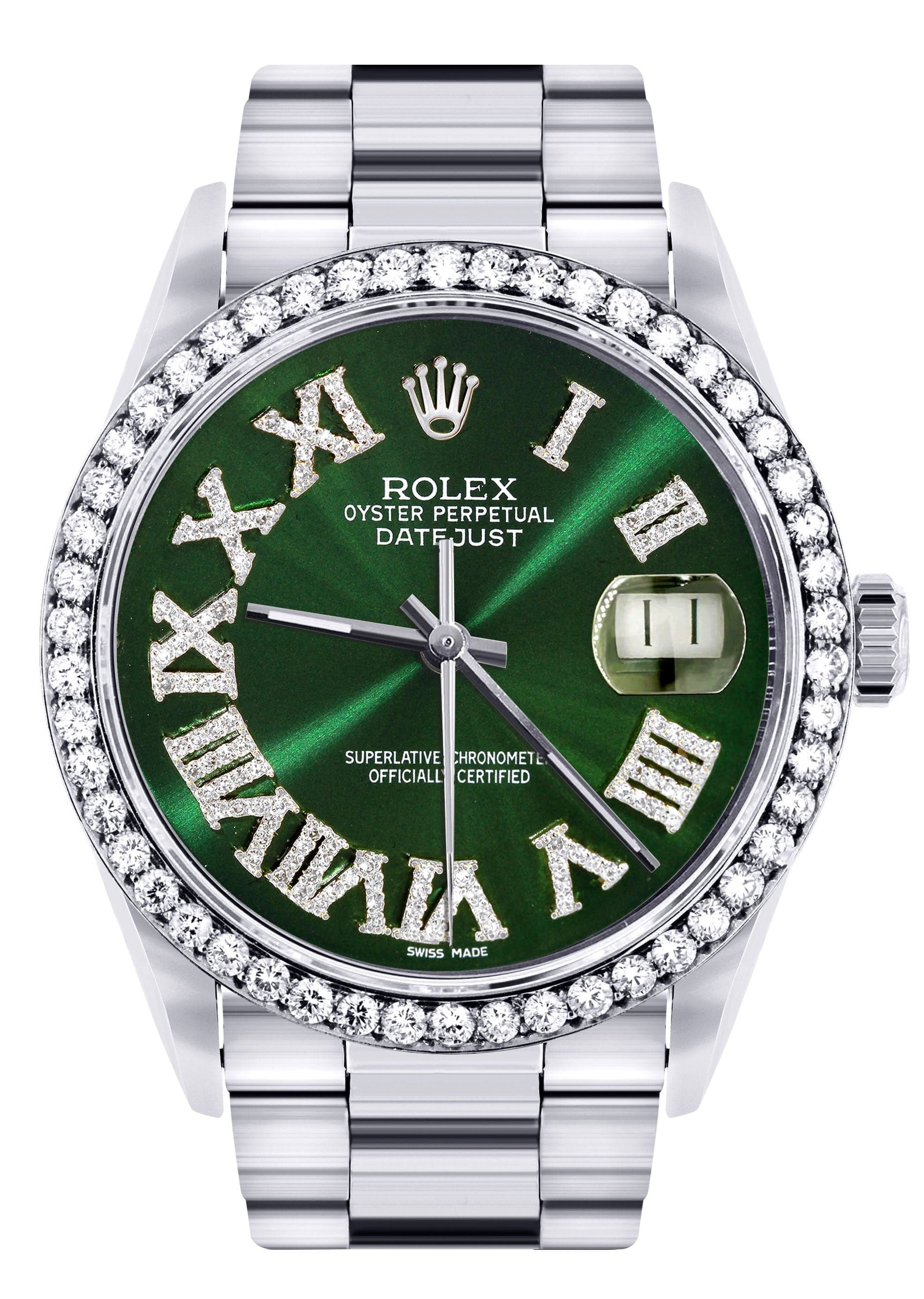 Diamond Mens Rolex Datejust Watch 16200 | 36Mm | Custom Green Roman Numeral Dial | Oyster Band