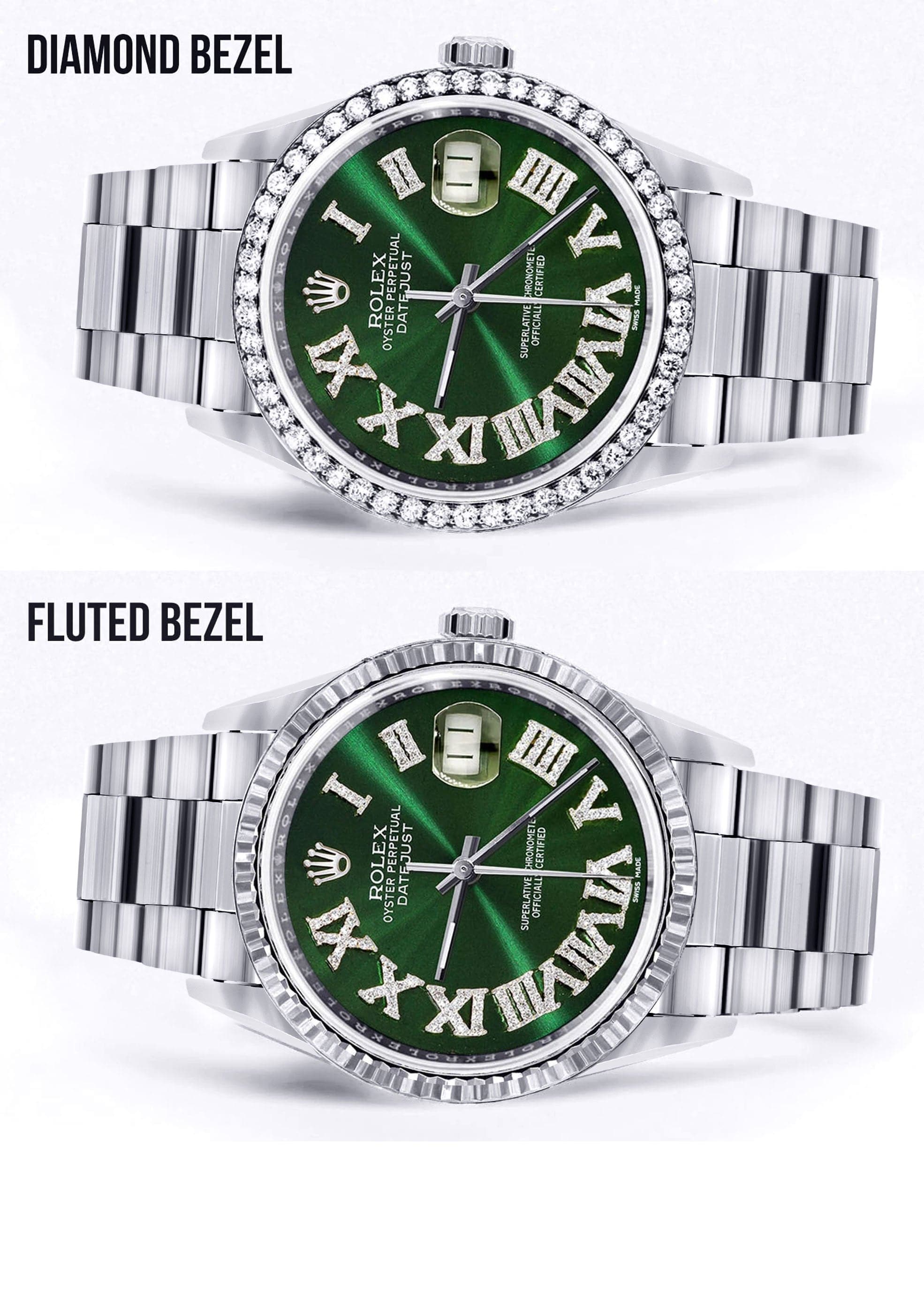 Diamond Mens Rolex Datejust Watch 16200 | 36Mm | Custom Green Roman Numeral Dial | Oyster Band - Image 2