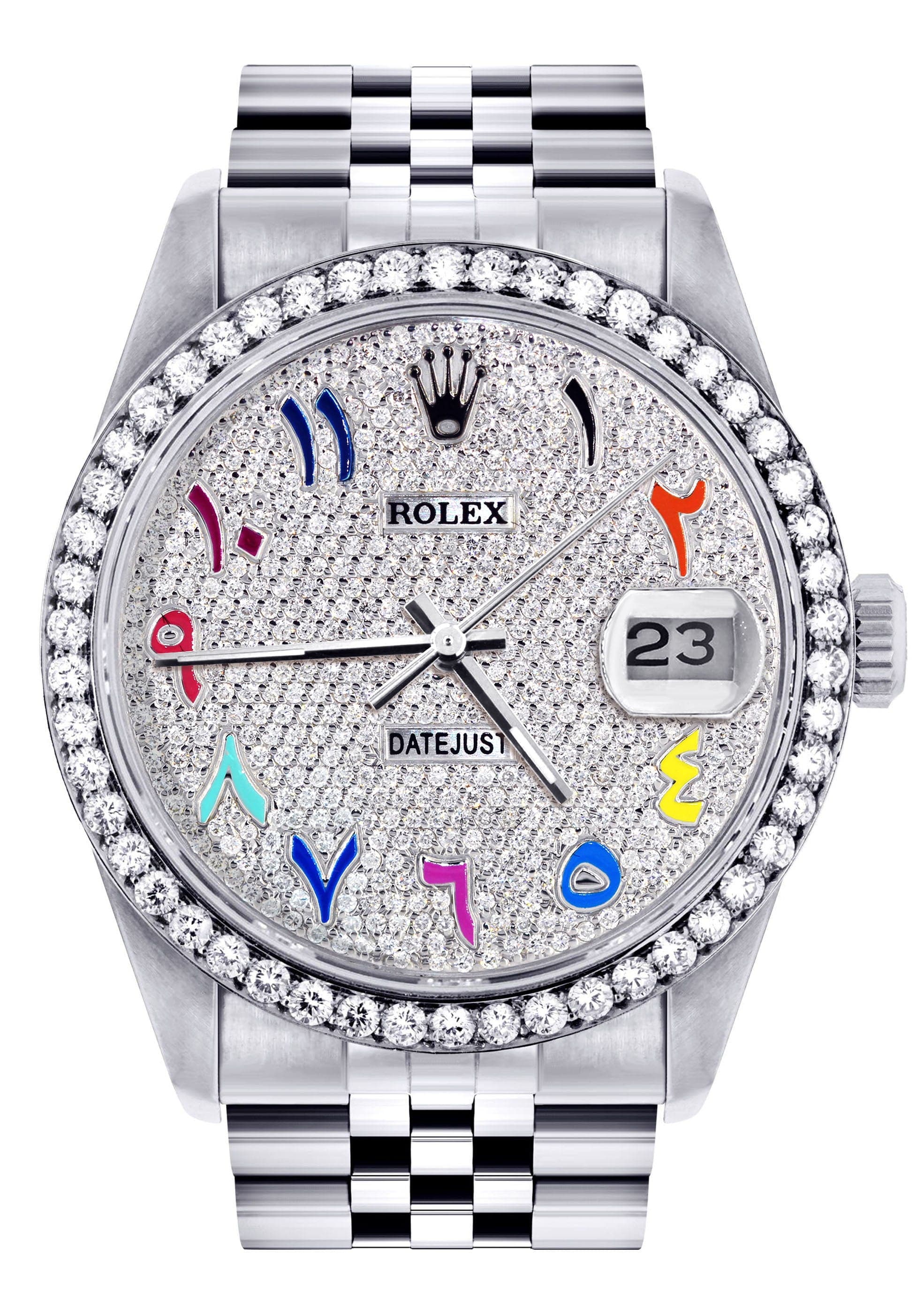Diamond Mens Rolex Datejust Watch 16200  | 36MM | Full Diamond Color Arabic Dial | Jubilee Band