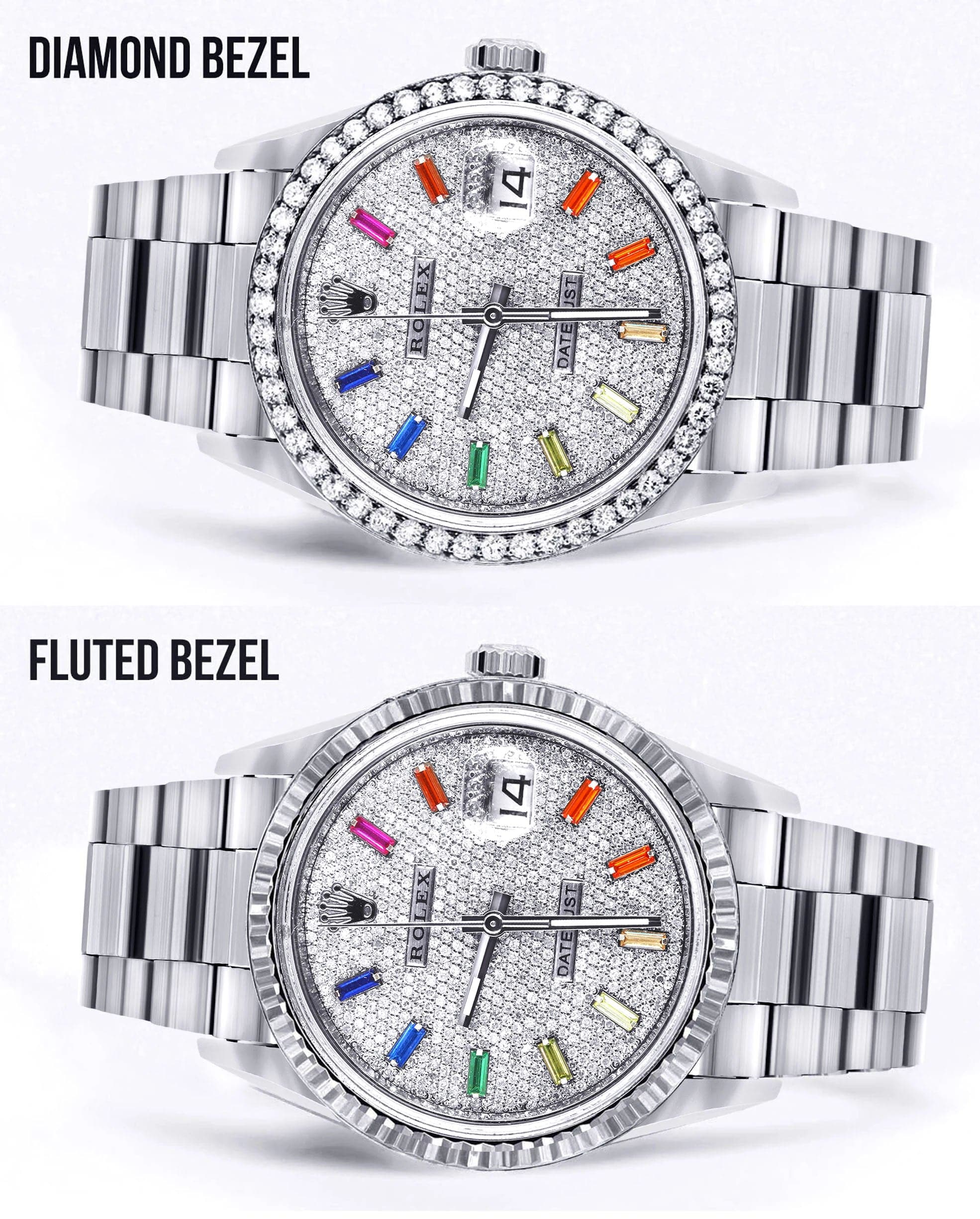 Diamond Mens Rolex Datejust Watch 16200  | 36MM | Full Diamond Color Baguettes Dial | Oyster Band - Image 2