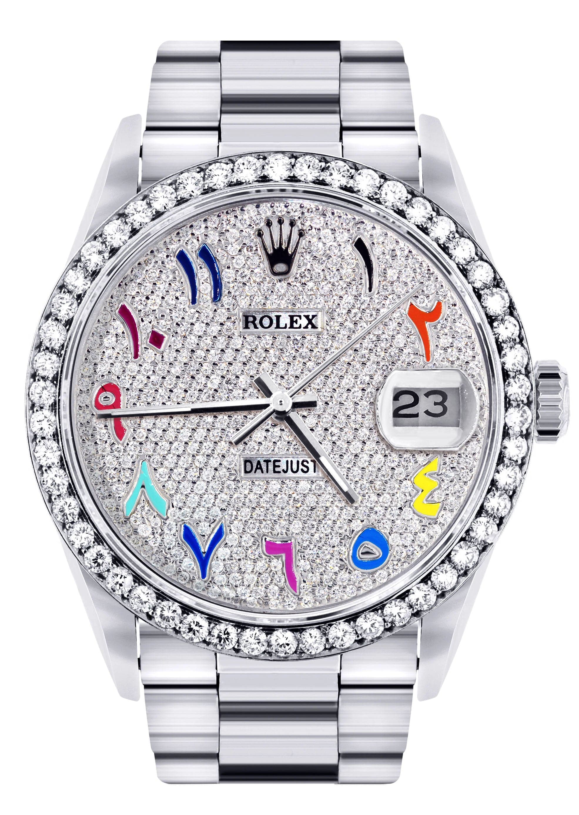 Diamond Mens Rolex Datejust Watch 16200 | 36MM | Full Diamond Color Arabic Dial | Oyster Band