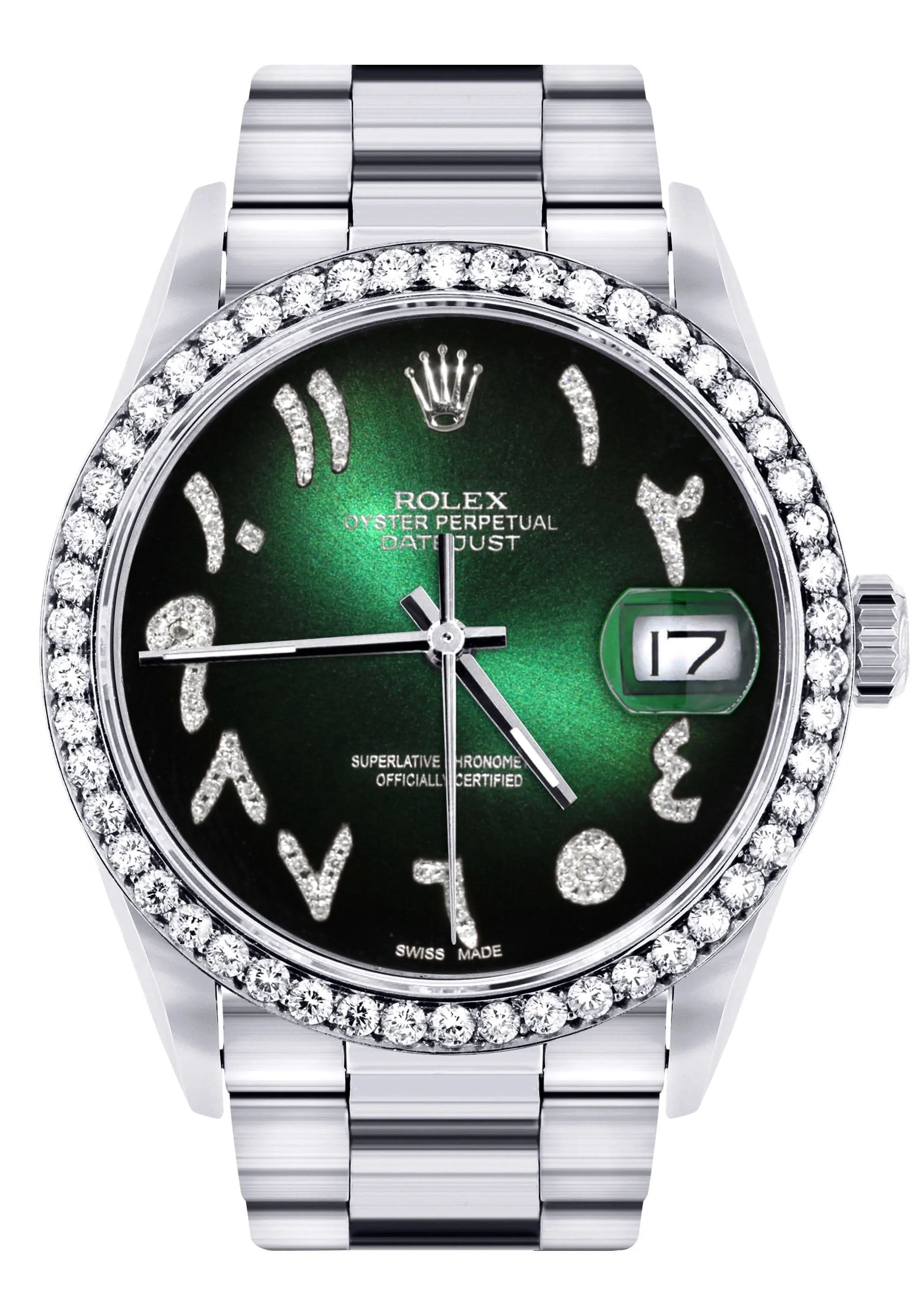Diamond Mens Rolex Datejust Watch 16200 | 36Mm | Green Black Arabic Diamond Dial | Oyster Band