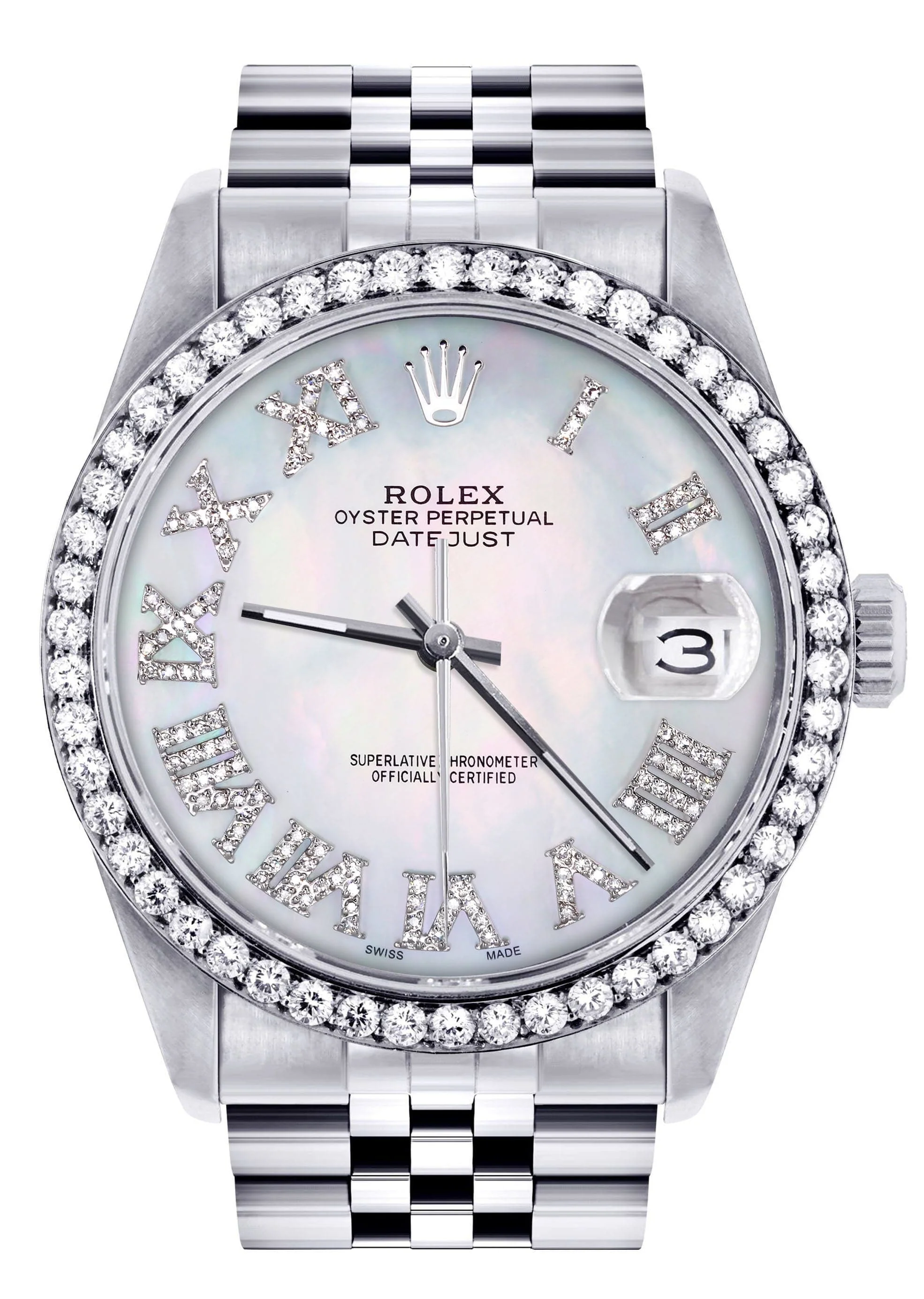 Diamond Mens Rolex Datejust Watch 16200 | 36Mm | Light Blue Mother Of Pearl Roman Numeral Dial | Jubilee Band