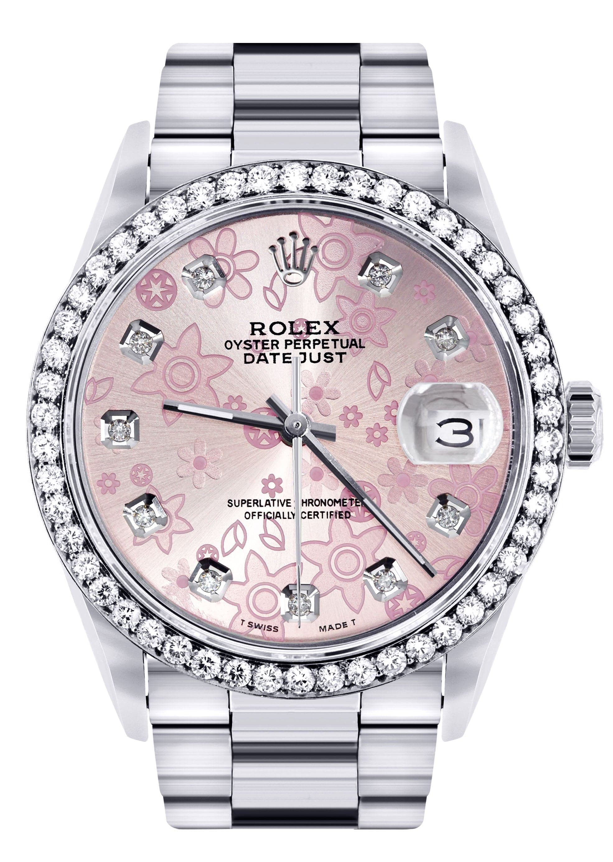 Diamond Mens Rolex Datejust Watch 16200 | 36MM | Pink Flower Diamond Dial | Oyster Band