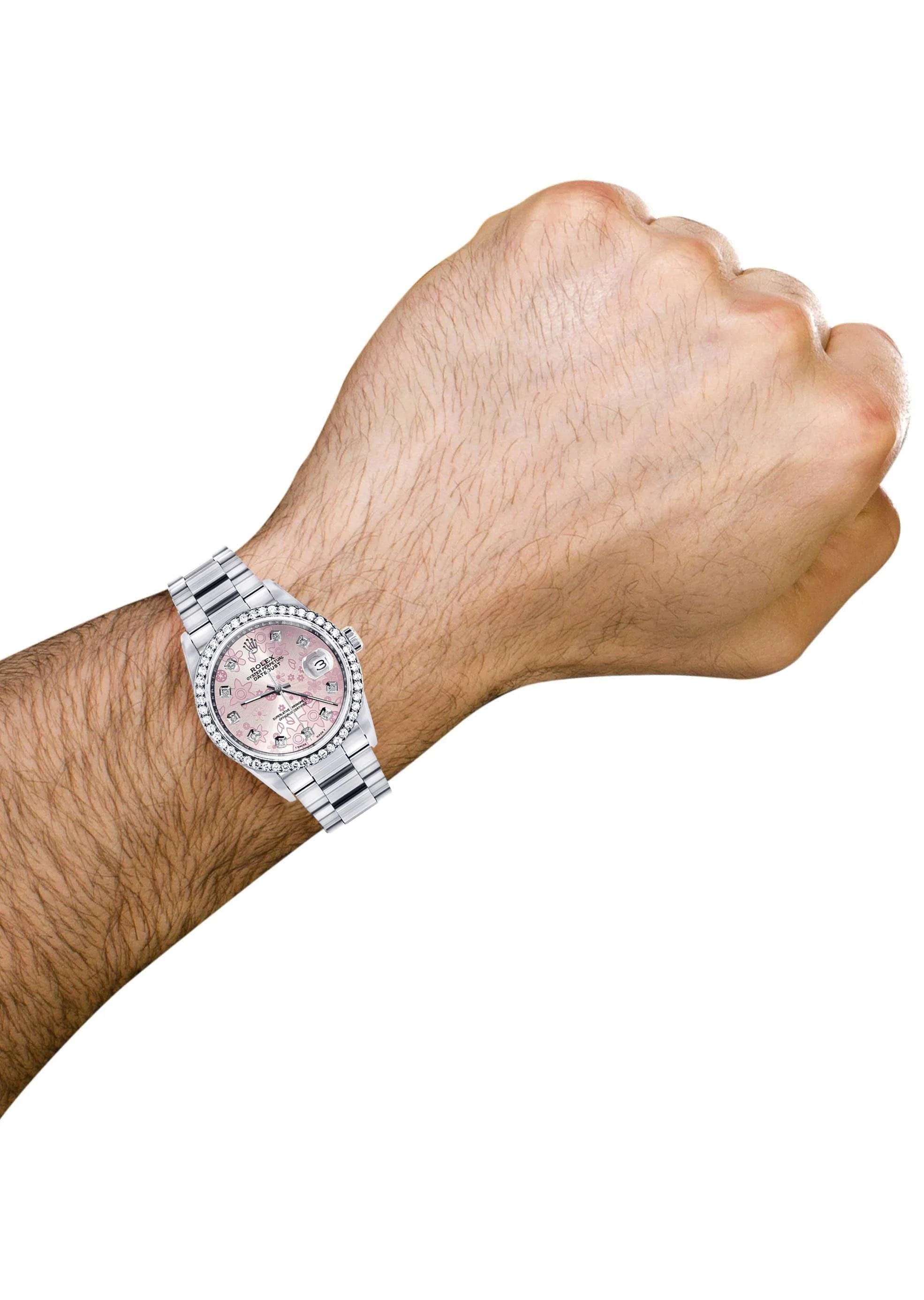 Diamond Mens Rolex Datejust Watch 16200 | 36MM | Pink Flower Diamond Dial | Oyster Band - Image 4