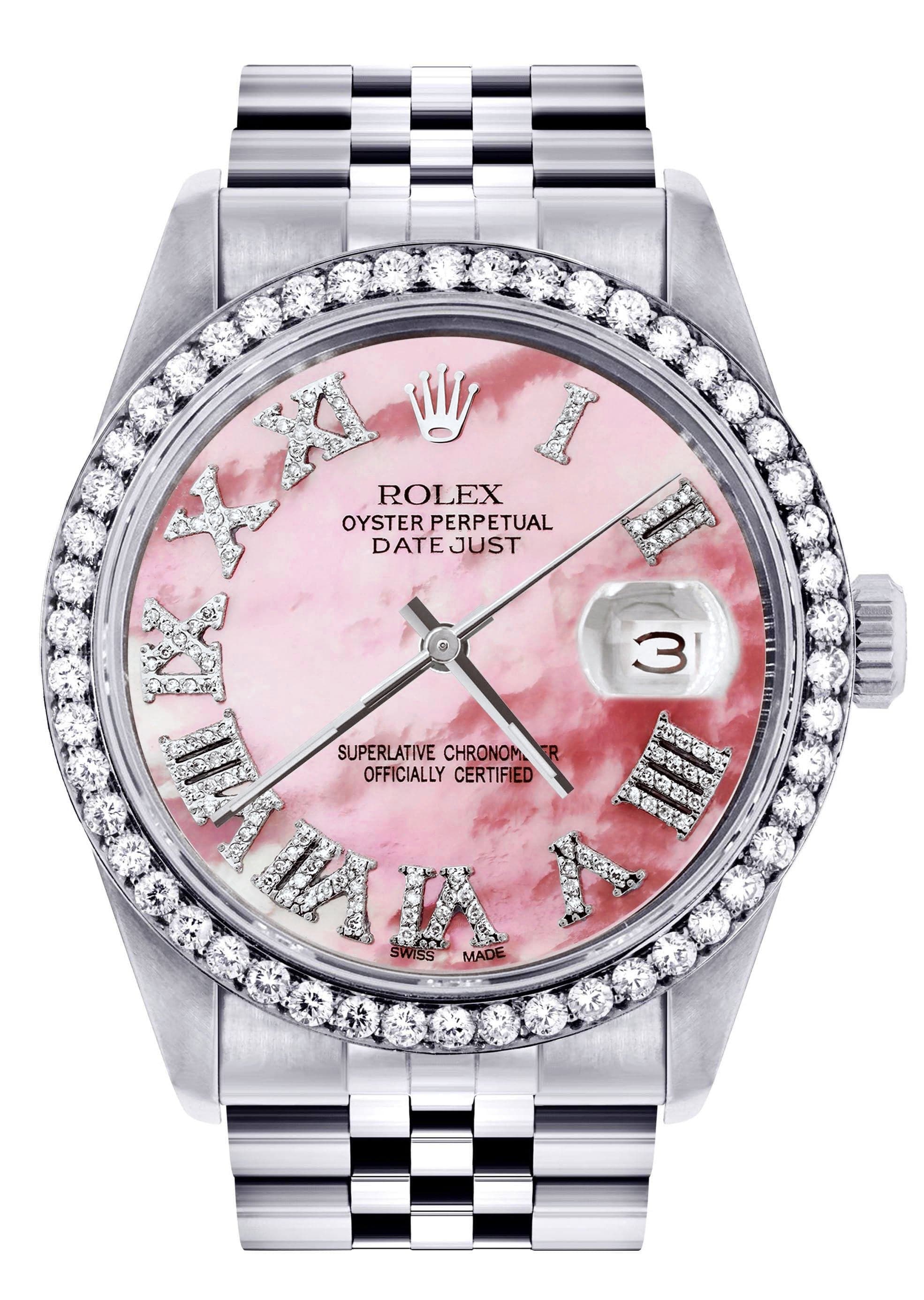 Diamond Mens Rolex Datejust Watch 16200 | 36Mm | Pink Mother Of Pearl Roman Numeral Dial | Jubilee Band