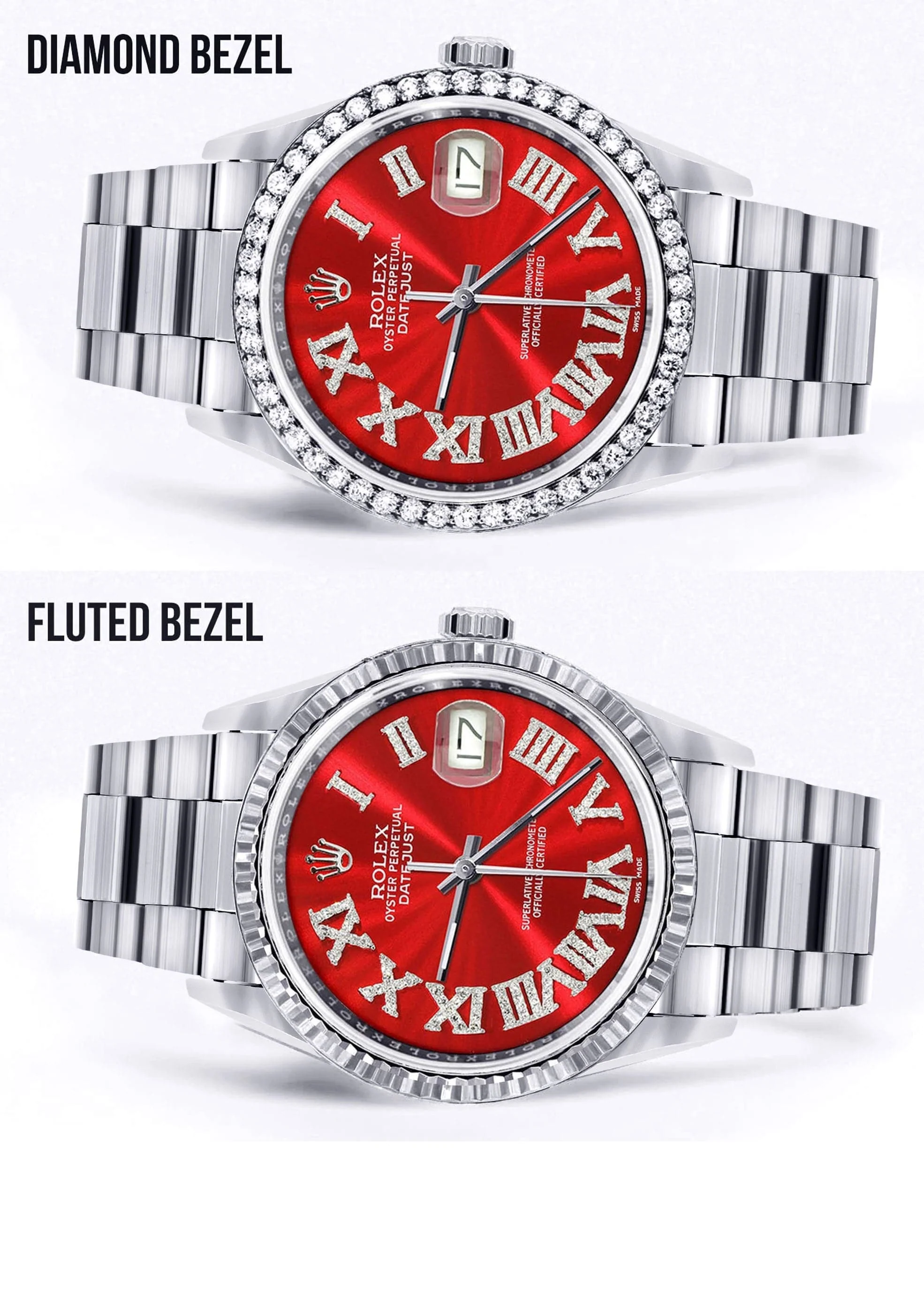 Diamond Mens  Rolex Datejust Watch 16200 | 36Mm | Red Roman Numeral Dial | Oyster Band - Image 2