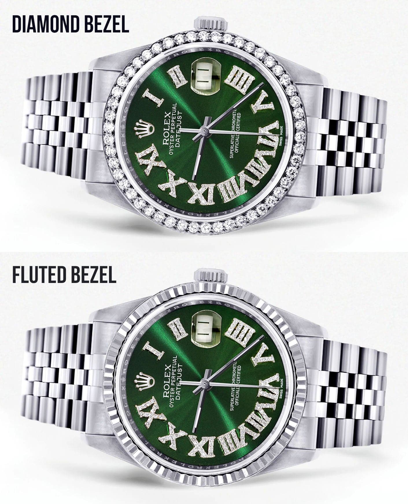 Diamond Mens Rolex Datejust Watch 16200 | 36Mm | Custom Green Roman Numeral Dial | Jubilee Band - Image 2