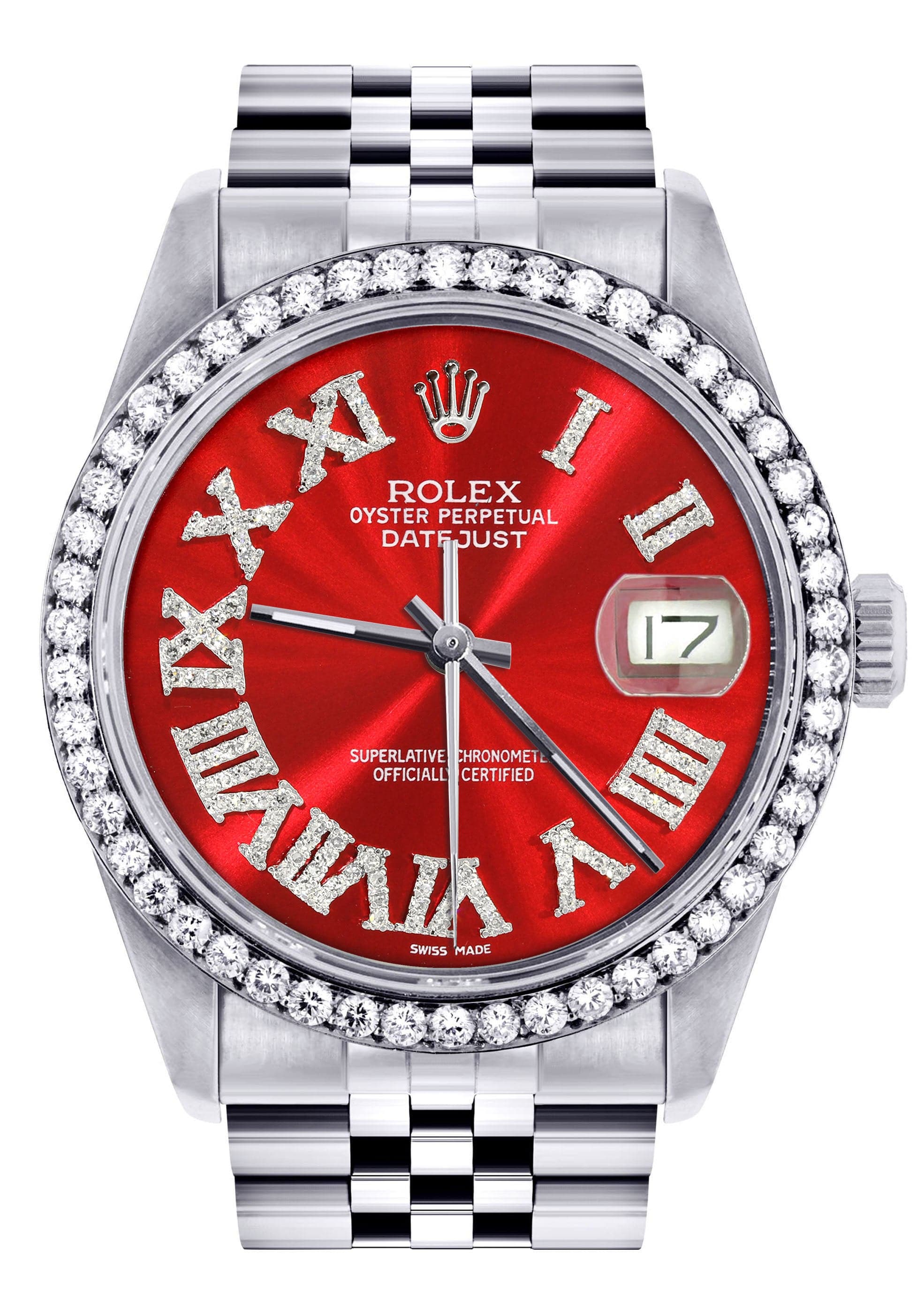 Diamond Mens  Rolex Datejust Watch 16200 | 36Mm | Red Roman Numeral Dial | Jubilee Band
