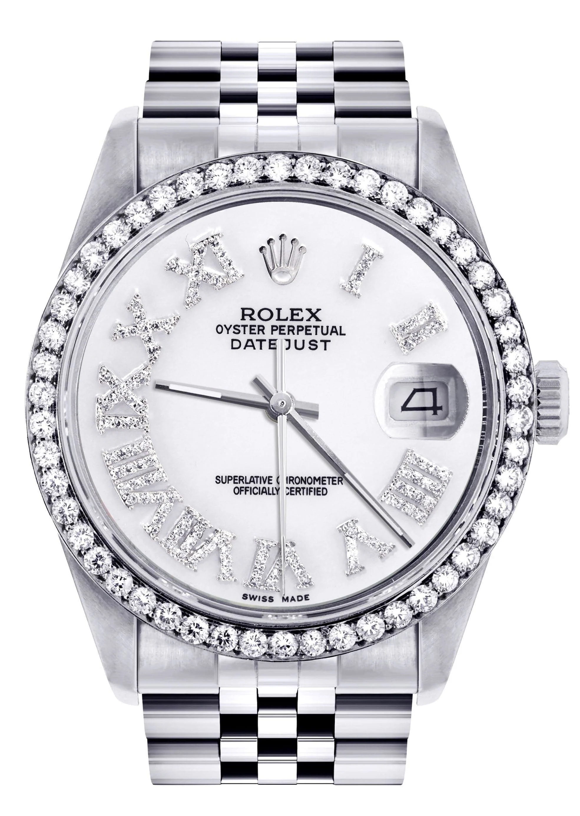 Diamond Mens Rolex Datejust Watch 16200 | 36Mm | White Roman Numeral Dial | Jubilee Band