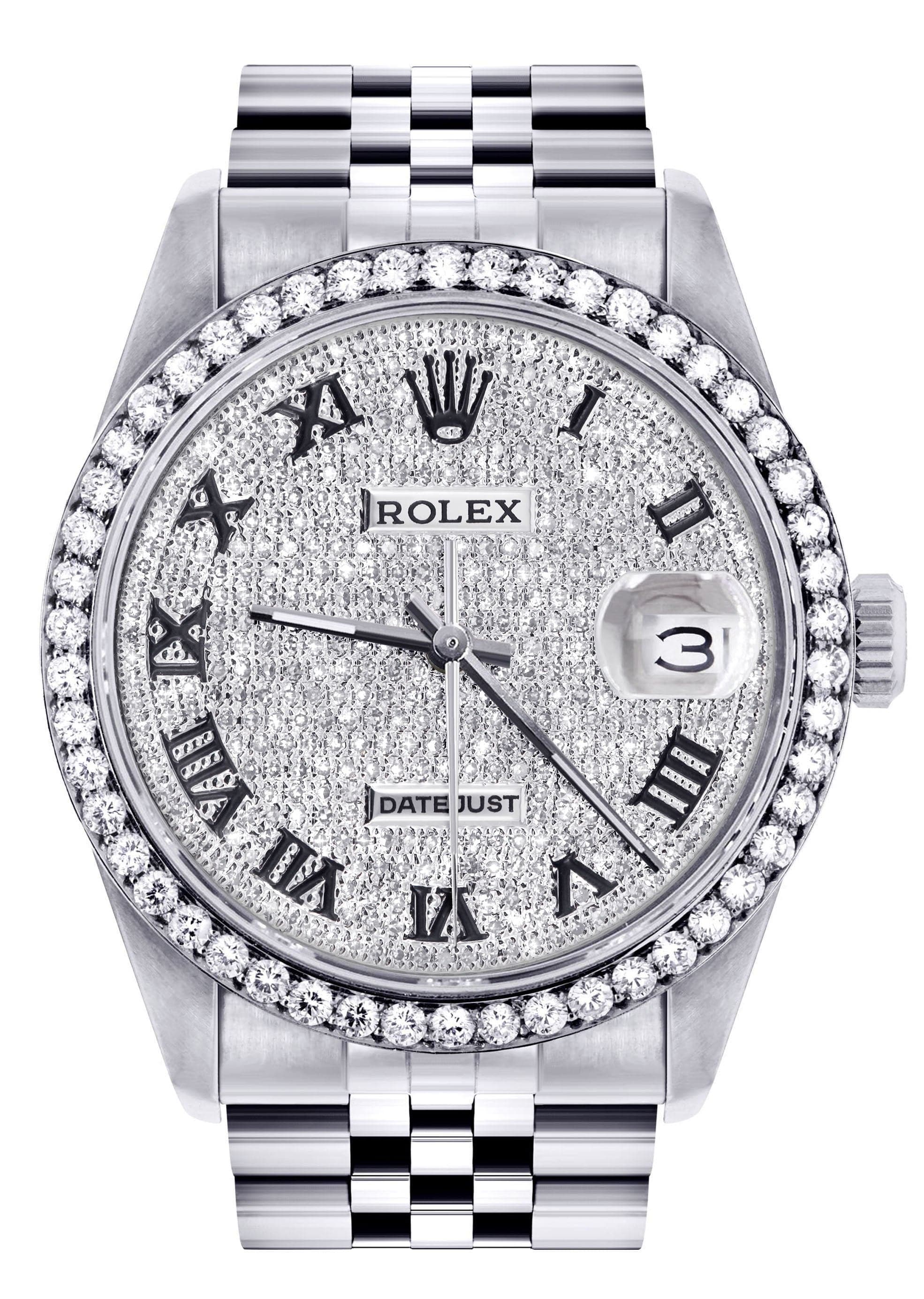 Mens Diamond Rolex Datejust Watch 16200  | 36MM | Fully Iced Out Diamond Roman Dial | Jubilee Band