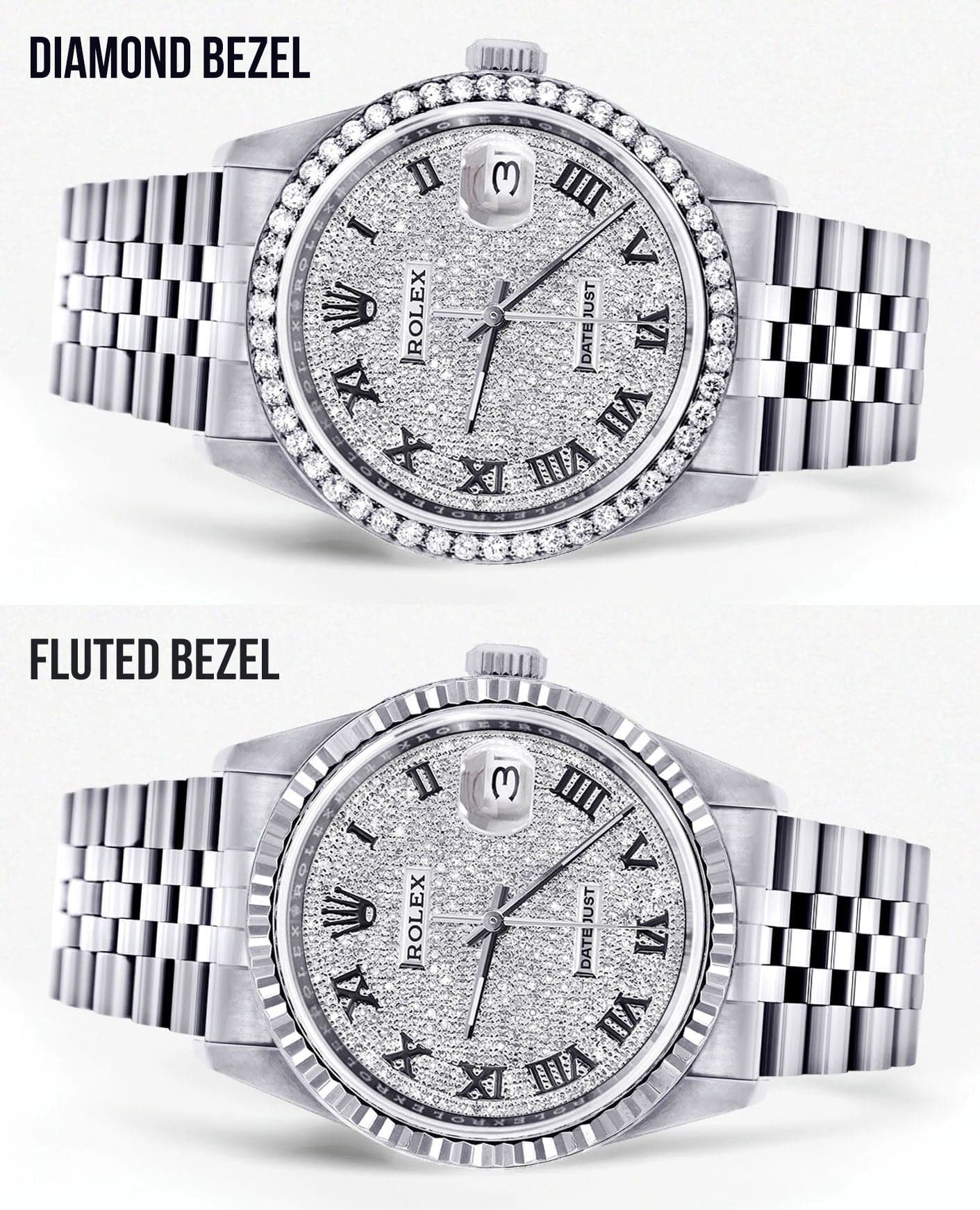 Mens Diamond Rolex Datejust Watch 16200  | 36MM | Fully Iced Out Diamond Roman Dial | Jubilee Band - Image 2