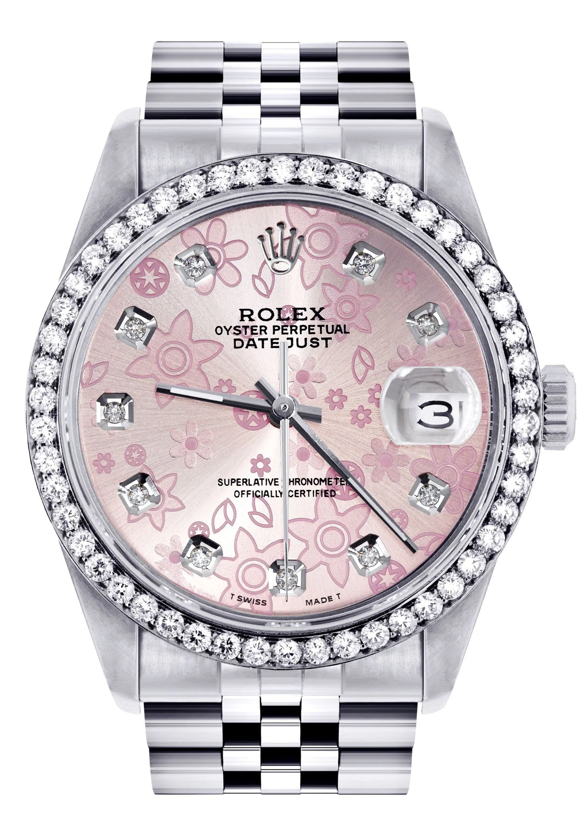 Diamond Mens Rolex Datejust Watch 16200 | 36MM | Pink Flower Diamond Dial | Jubilee Band