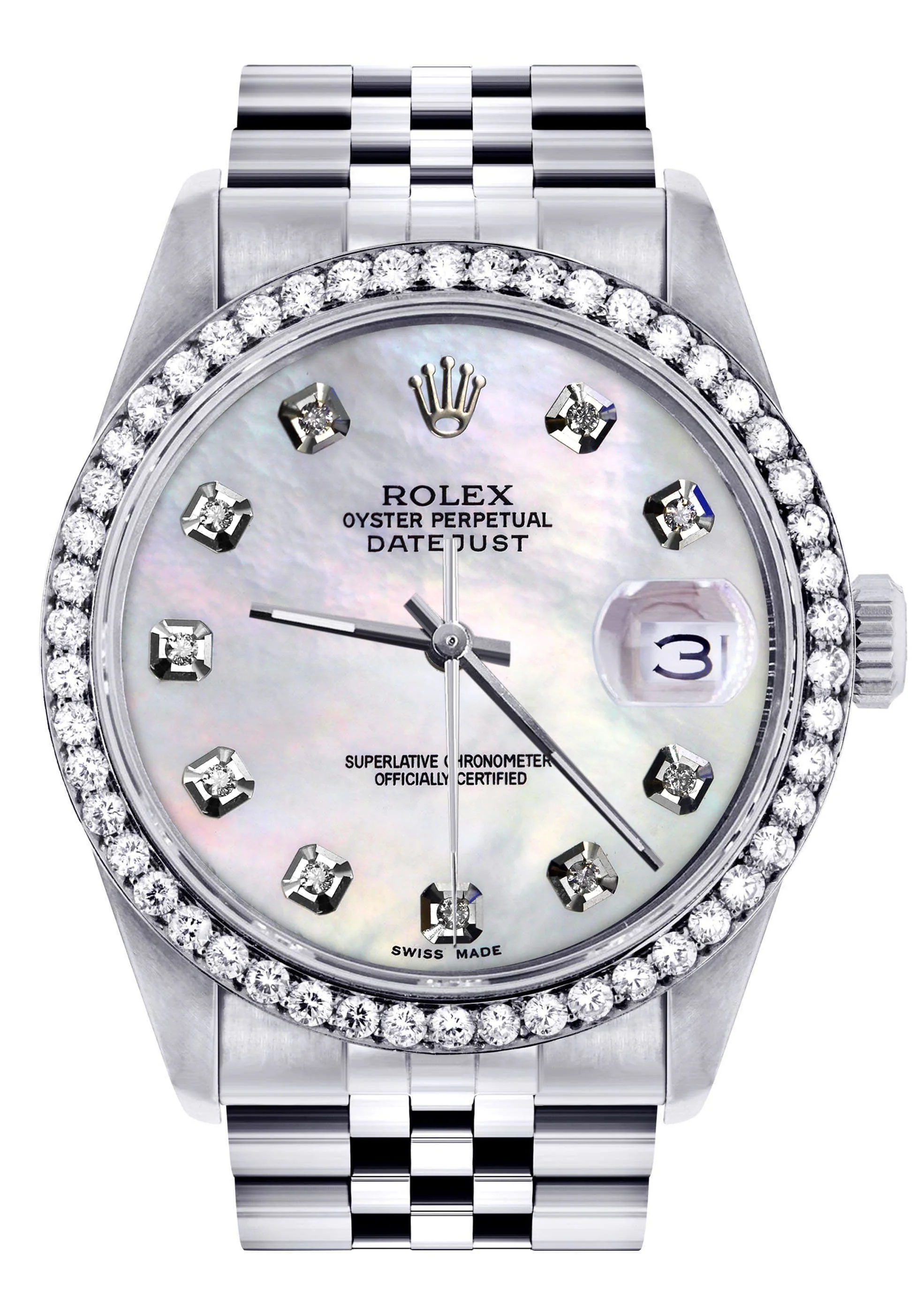 Diamond Mens  Rolex Datejust Watch 16200 | 36Mm | White Mother Of Pearl Dial | Jubilee Band