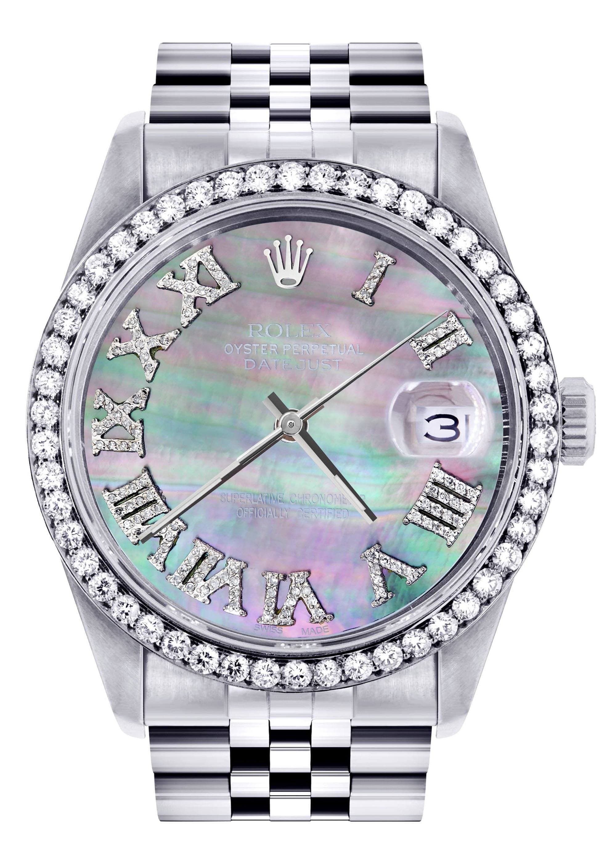 Diamond Mens Rolex Datejust Watch 16200 | 36Mm | Dark Mother Of Pearl Dial | Roman Numeral | Jubilee Band
