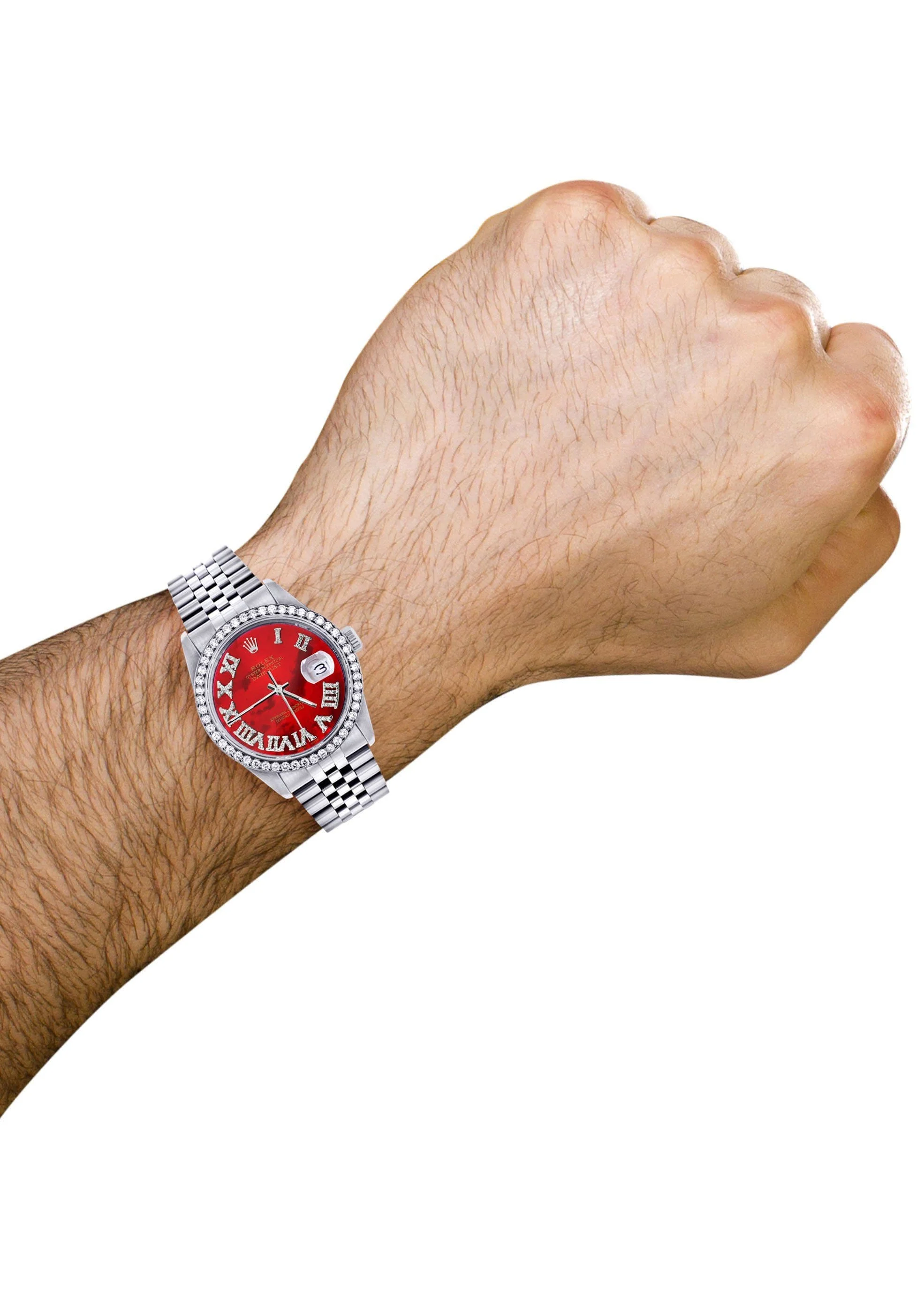 Diamond Mens Rolex Datejust Watch 16200 | 36Mm | Diamond Red Mother Of Pearl Roman Numeral Dial | Jubilee Band - Image 4