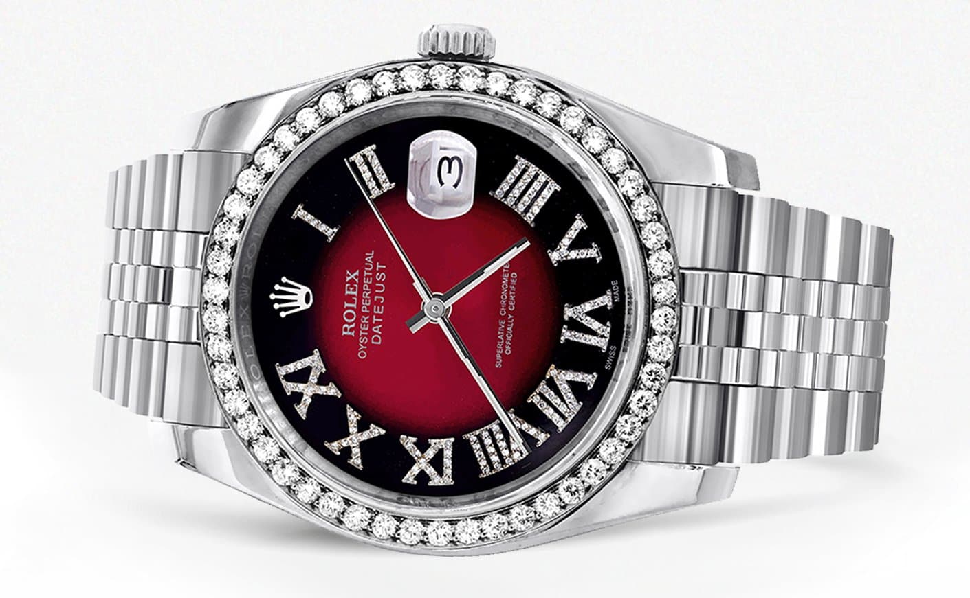 116200 | Hidden Clasp | Diamond Rolex Datejust Watch | 36Mm | Diamond Red Roman Numeral Dial | Jubilee Band - Image 2