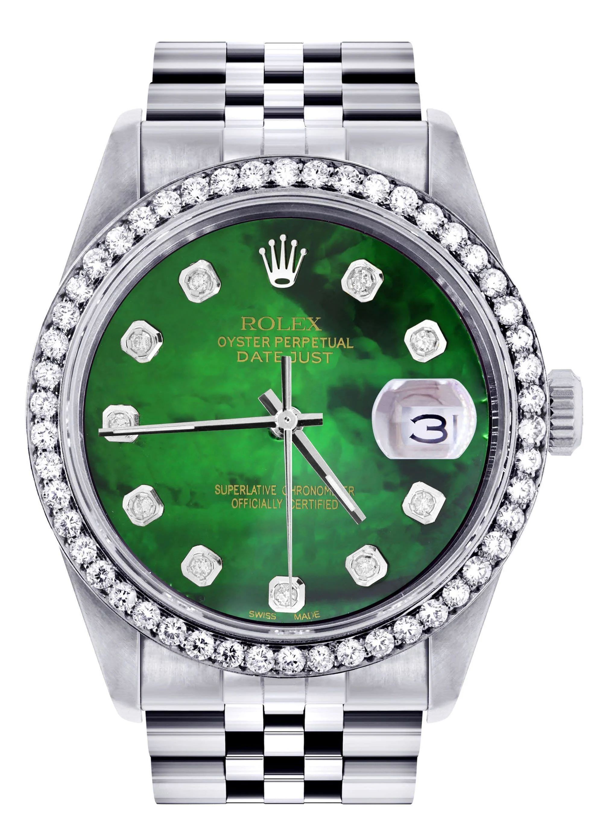 Diamond Mens Rolex Datejust Watch 16200 | 36Mm | Green Diamond Mother Of Pearl Dial | Jubilee Band