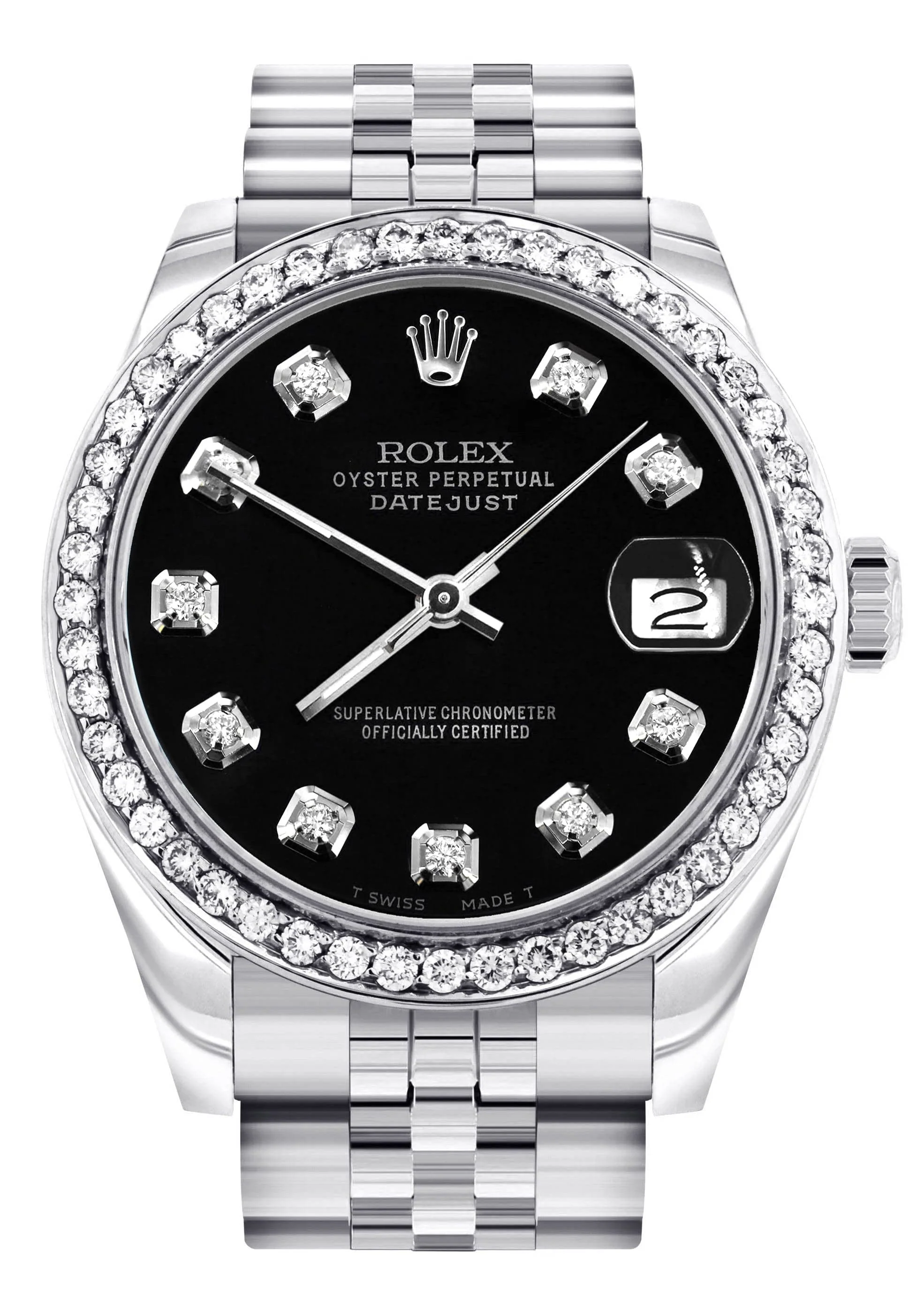Diamond Rolex Watch | 68274 | Diamond Bezel | 31MM | Black Diamond Dial | Jubilee Band