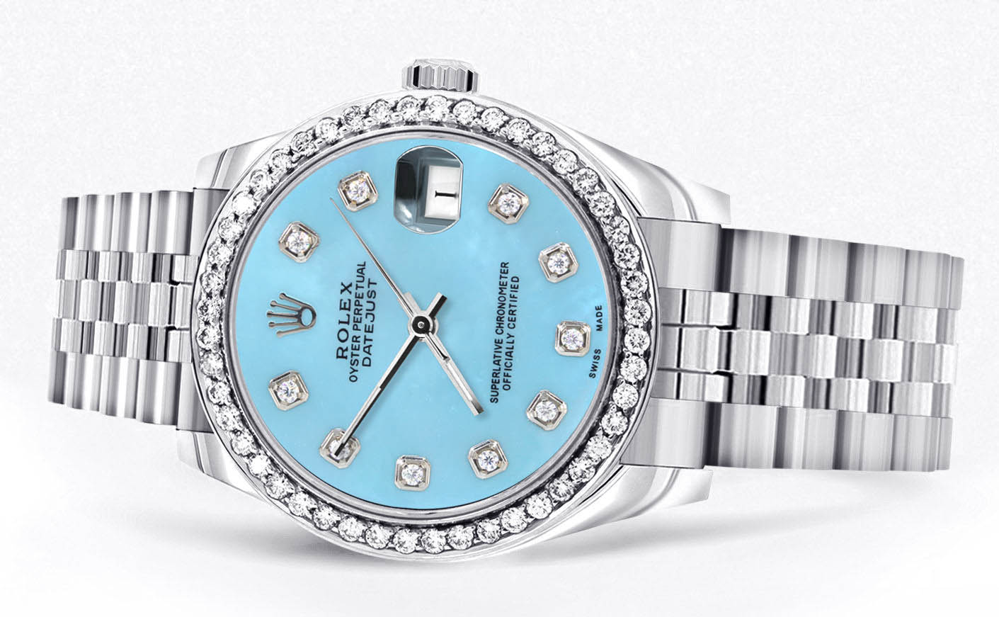 Diamond Rolex Watch | Diamond Bezel | 31MM | Light Blue Diamond Dial | Jubilee Band - Image 2