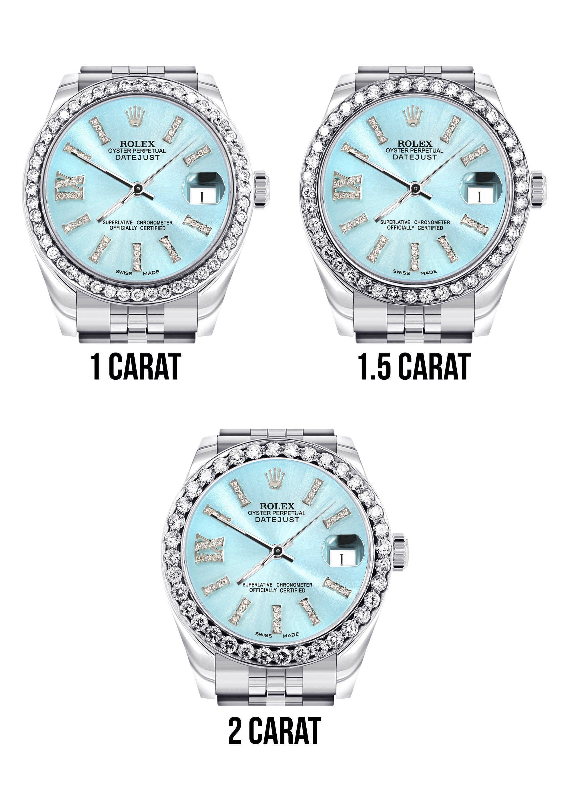 Diamond Rolex Watch | 68274 | Diamond Bezel | 31MM | Light Blue Roman Diamond Dial | Jubilee Band - Image 4