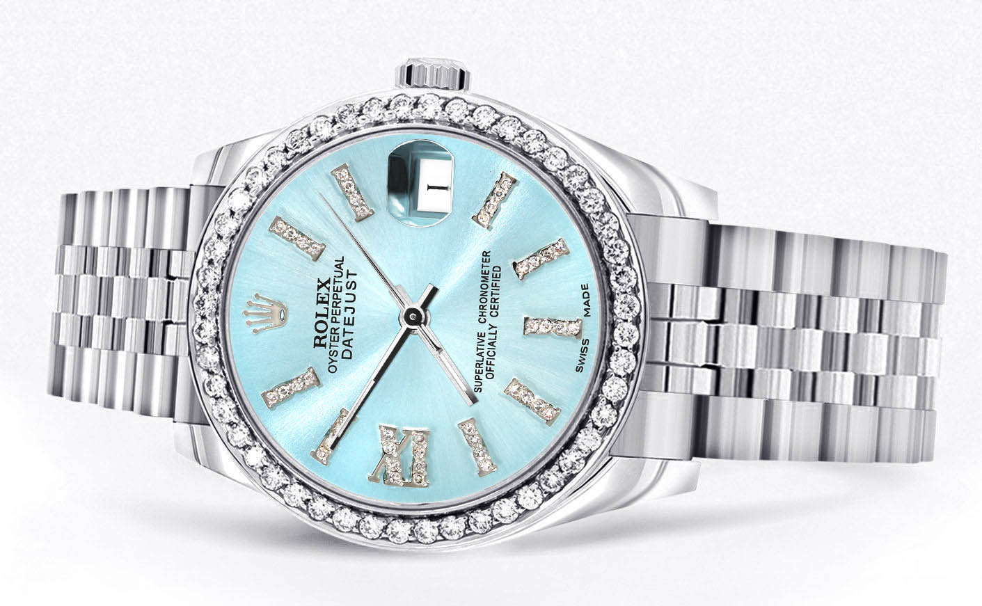 Diamond Rolex Watch | 68274 | Diamond Bezel | 31MM | Light Blue Roman Diamond Dial | Jubilee Band - Image 5