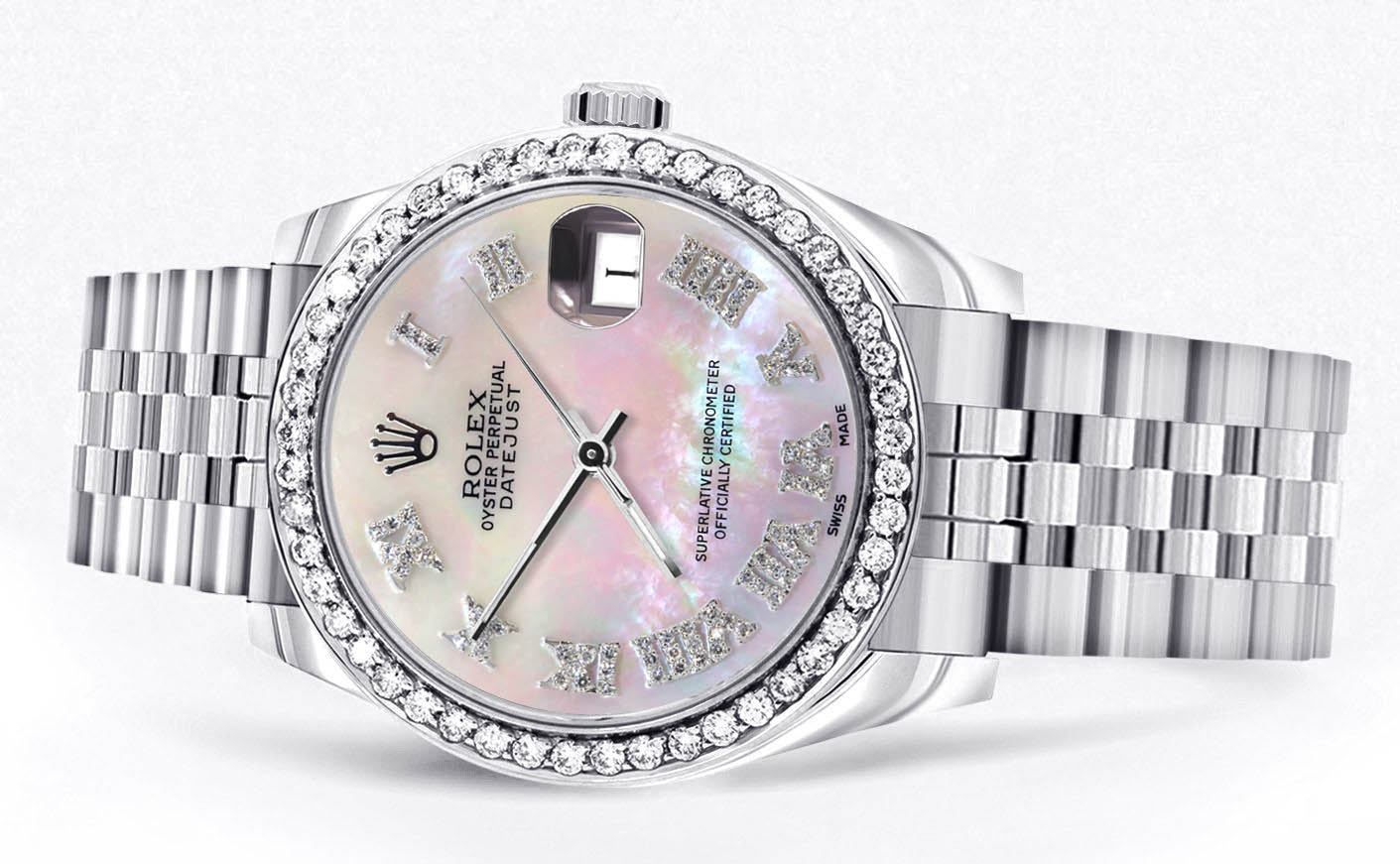 Diamond Rolex Watch | Diamond Bezel | 31MM | Mother of Pearl Roman Numeral Diamond Dial | Jubilee Band - Image 2
