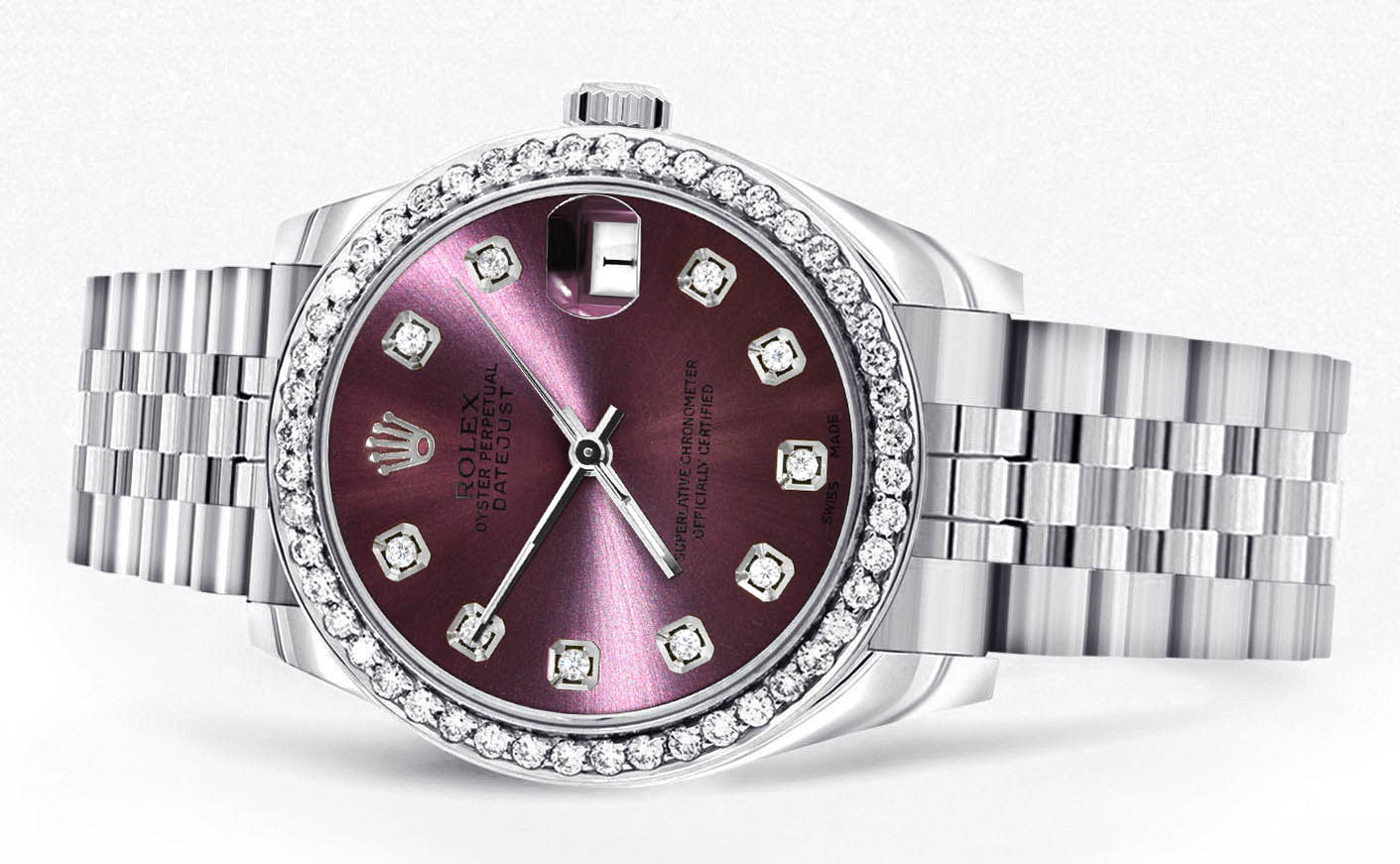 Diamond Rolex Watch | 68274 | Diamond Bezel | 31MM | Purple Diamond Dial | Jubilee Band - Image 2