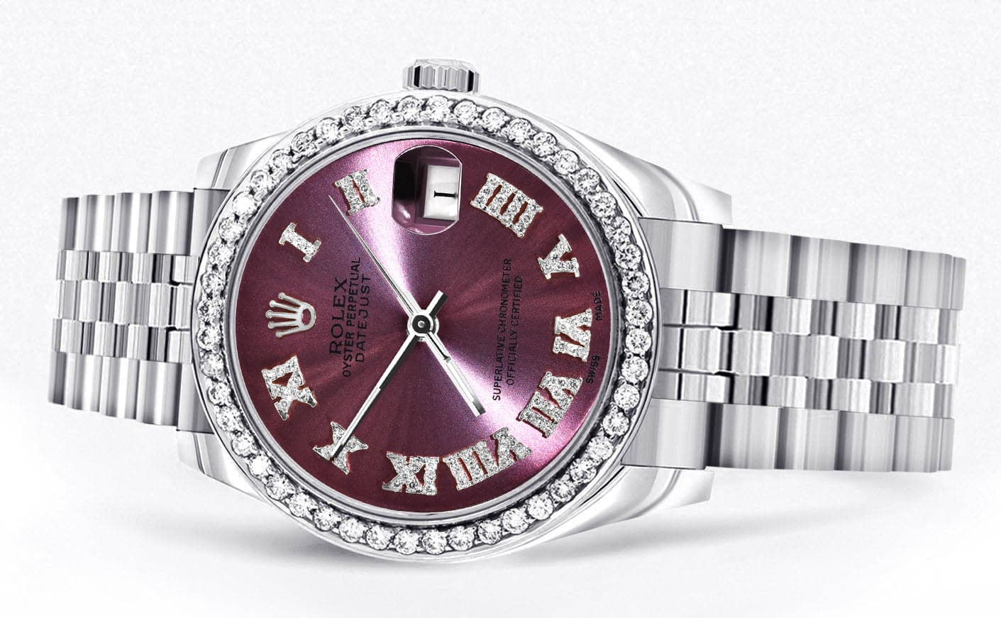 Diamond Rolex Watch | 68274 | Diamond Bezel | 31MM | Purple Roman Diamond Dial | Jubilee Band - Image 2
