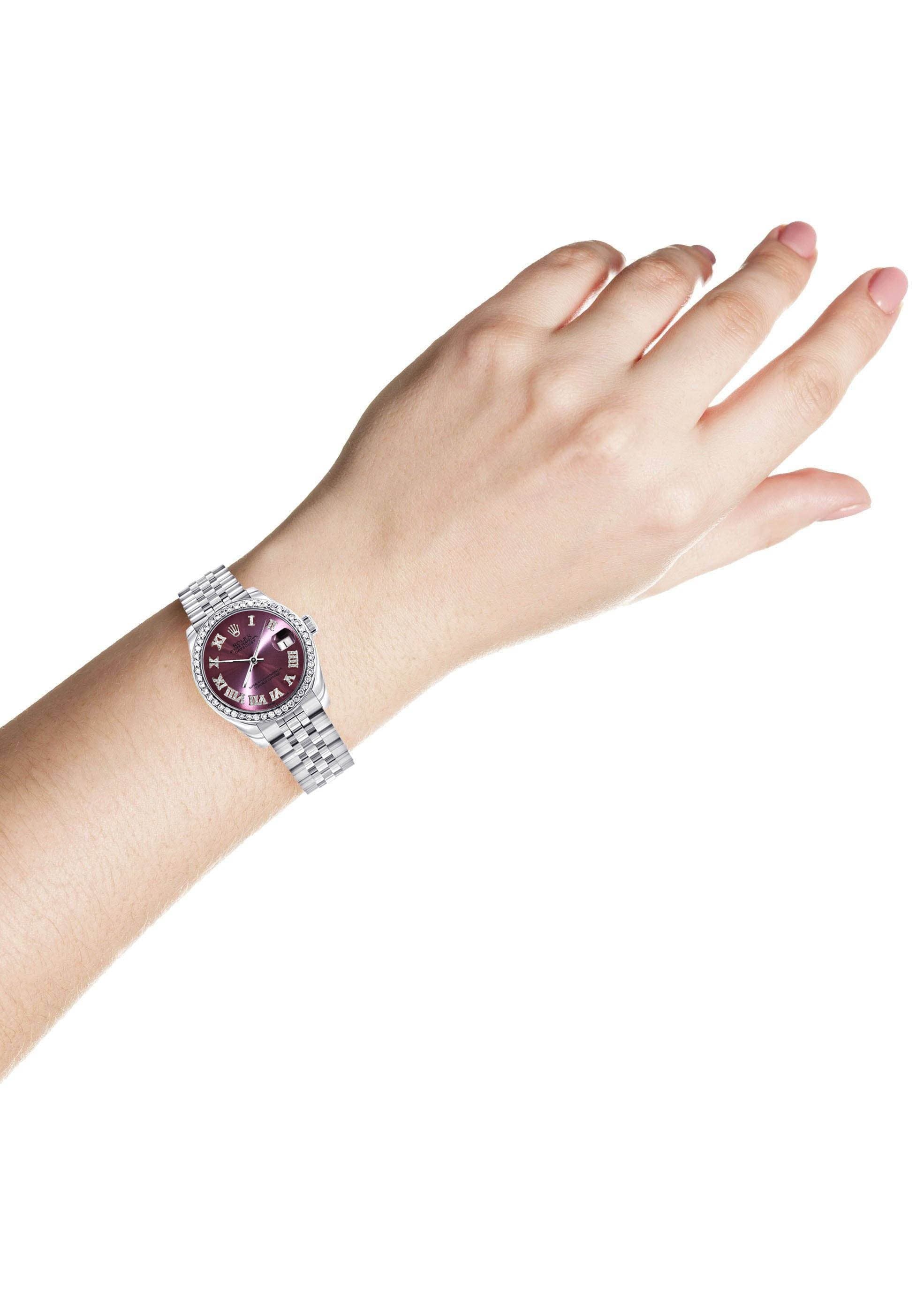 Diamond Rolex Watch | 68274 | Diamond Bezel | 31MM | Purple Roman Diamond Dial | Jubilee Band - Image 3