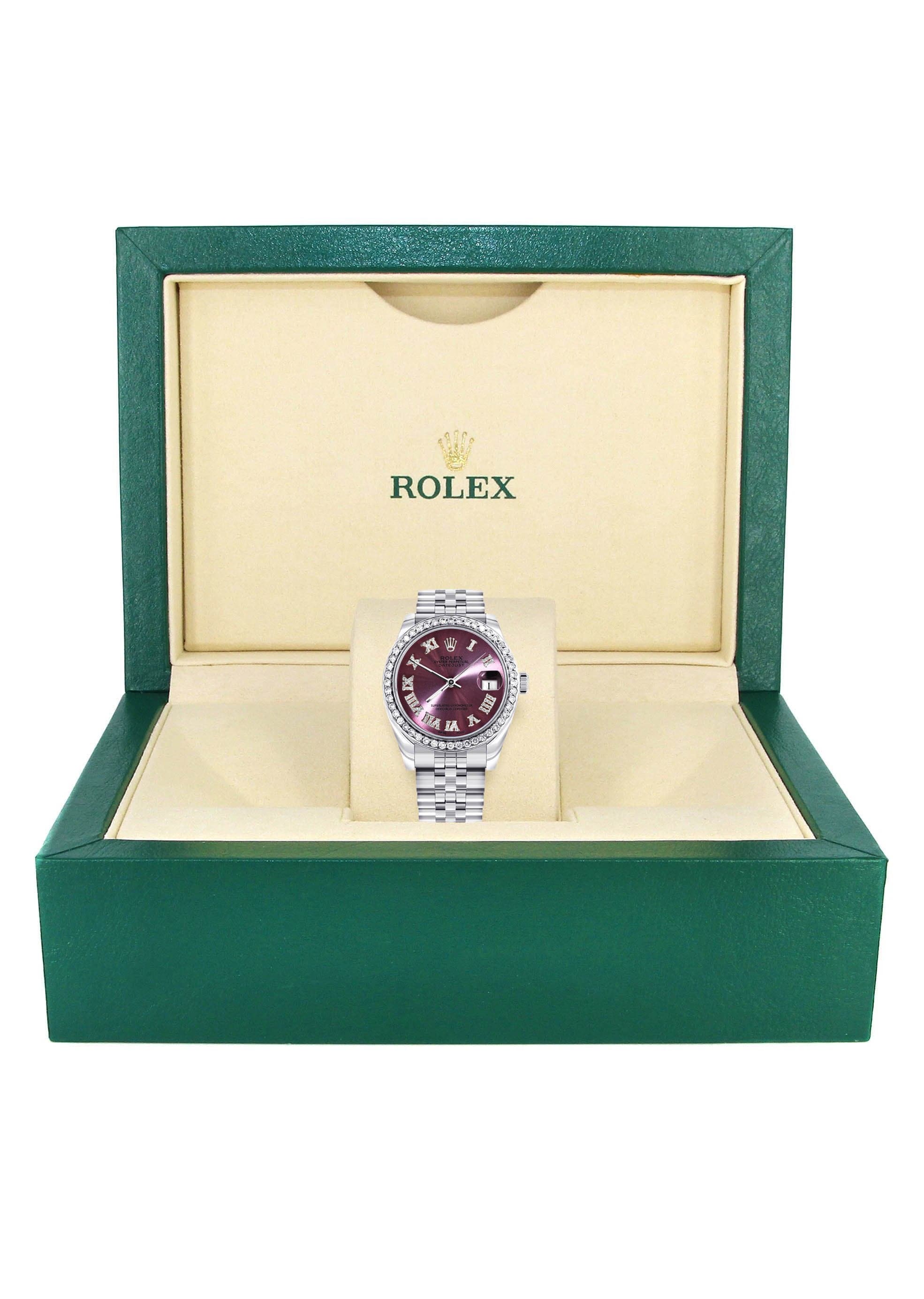 Diamond Rolex Watch | 68274 | Diamond Bezel | 31MM | Purple Roman Diamond Dial | Jubilee Band - Image 4