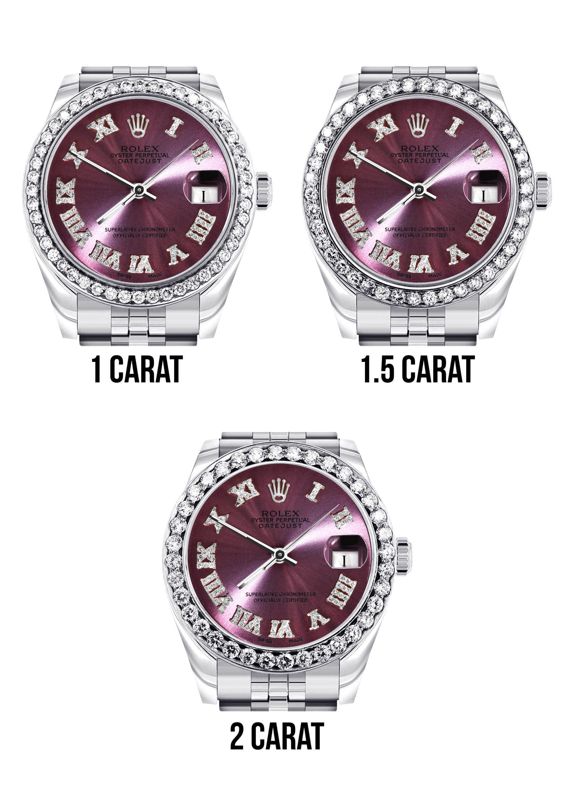 Diamond Rolex Watch | 68274 | Diamond Bezel | 31MM | Purple Roman Diamond Dial | Jubilee Band - Image 5