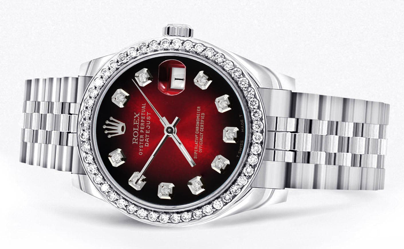 Diamond Rolex Watch | 68274 | Diamond Bezel | 31MM | Red Black Diamond Dial | Jubilee Band - Image 5