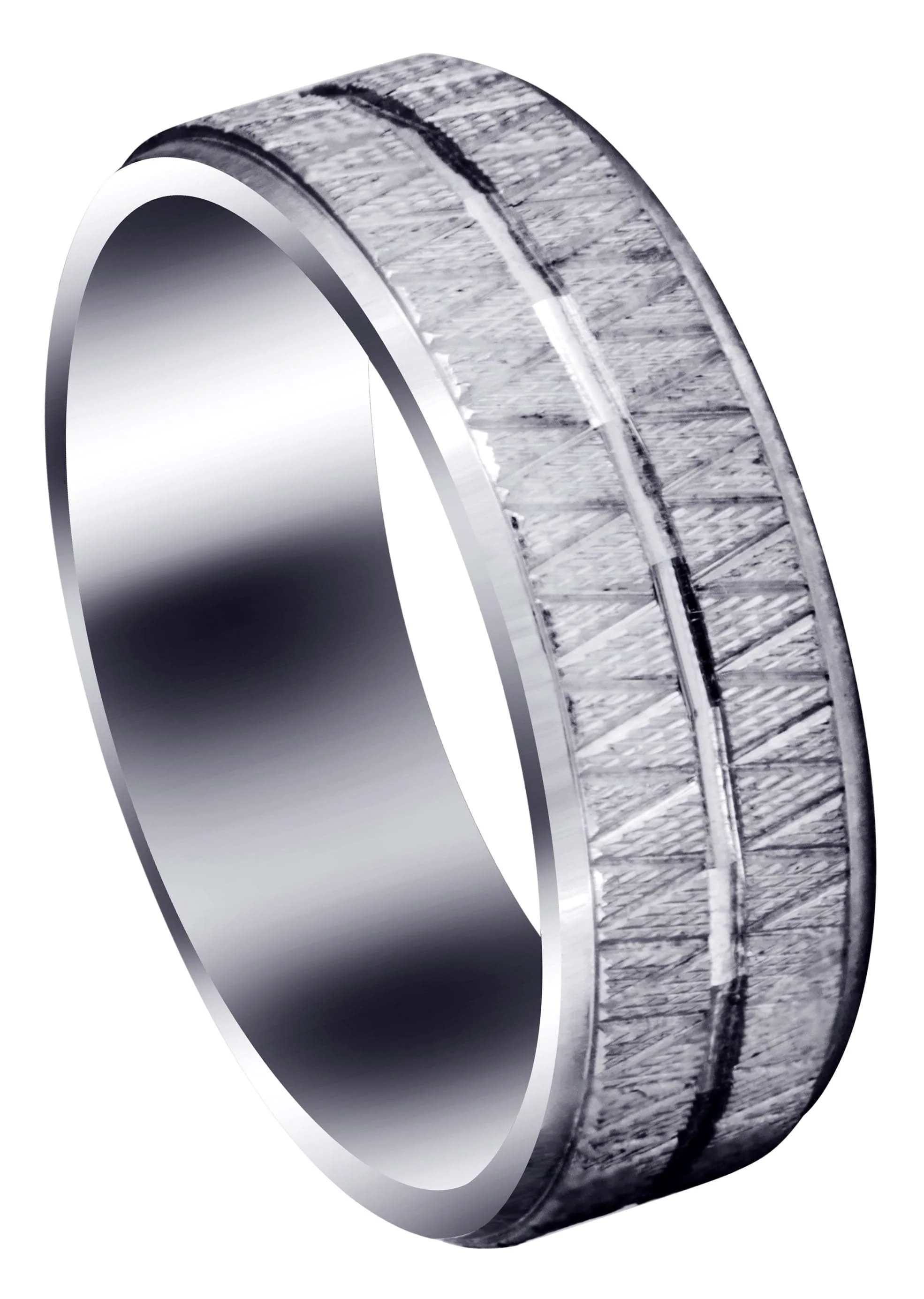 Fancy Carved Contemporary Mens Wedding Band | Diamond Cut Finish (Levi)