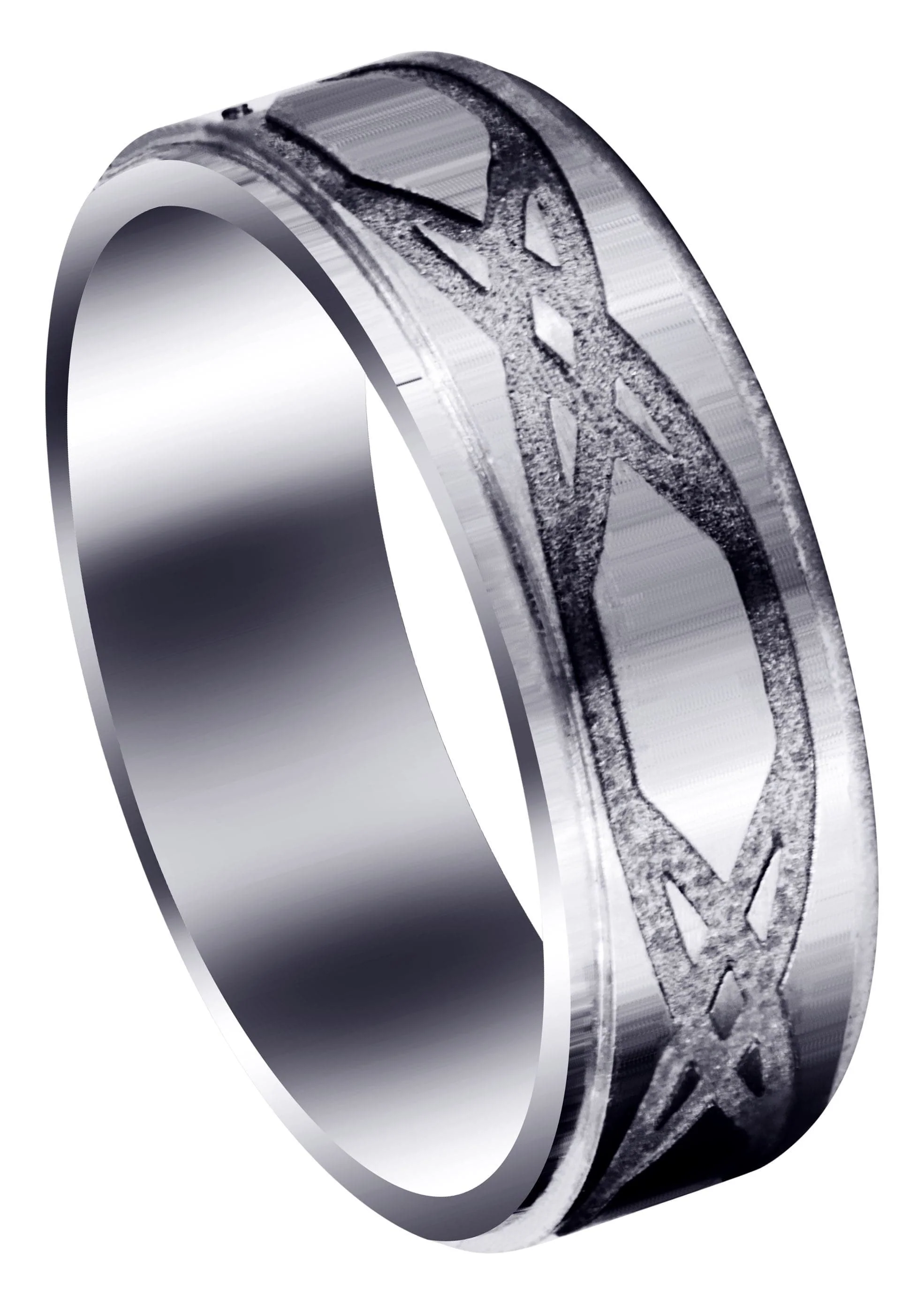 Fancy Carved Contemporary Mens Wedding Band | Satin / Hish Polish Finish (Isaiah)