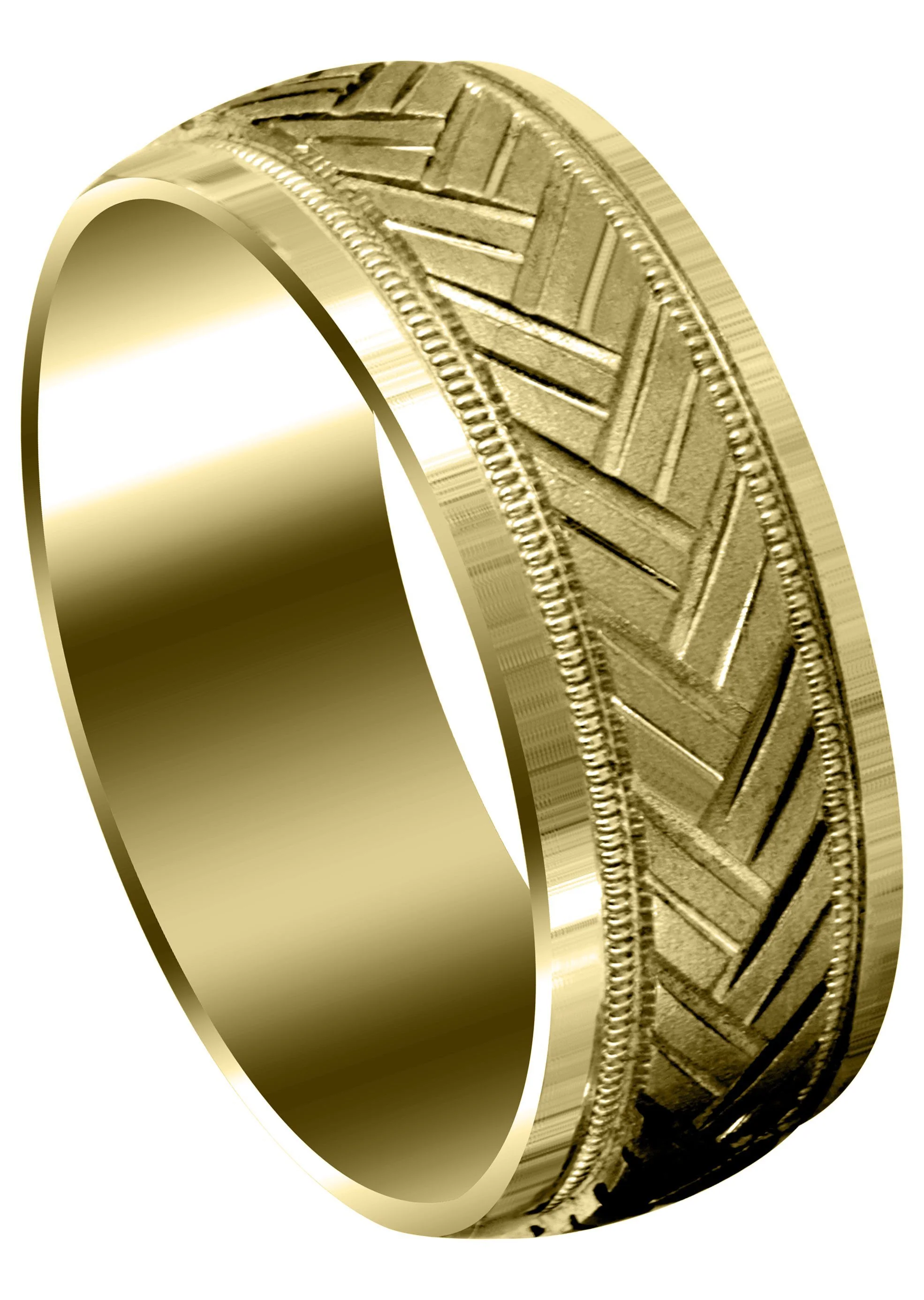 Yellow Gold Fancy Carved Contemporary Mens Wedding Band | High Polish Finish (Hunter)