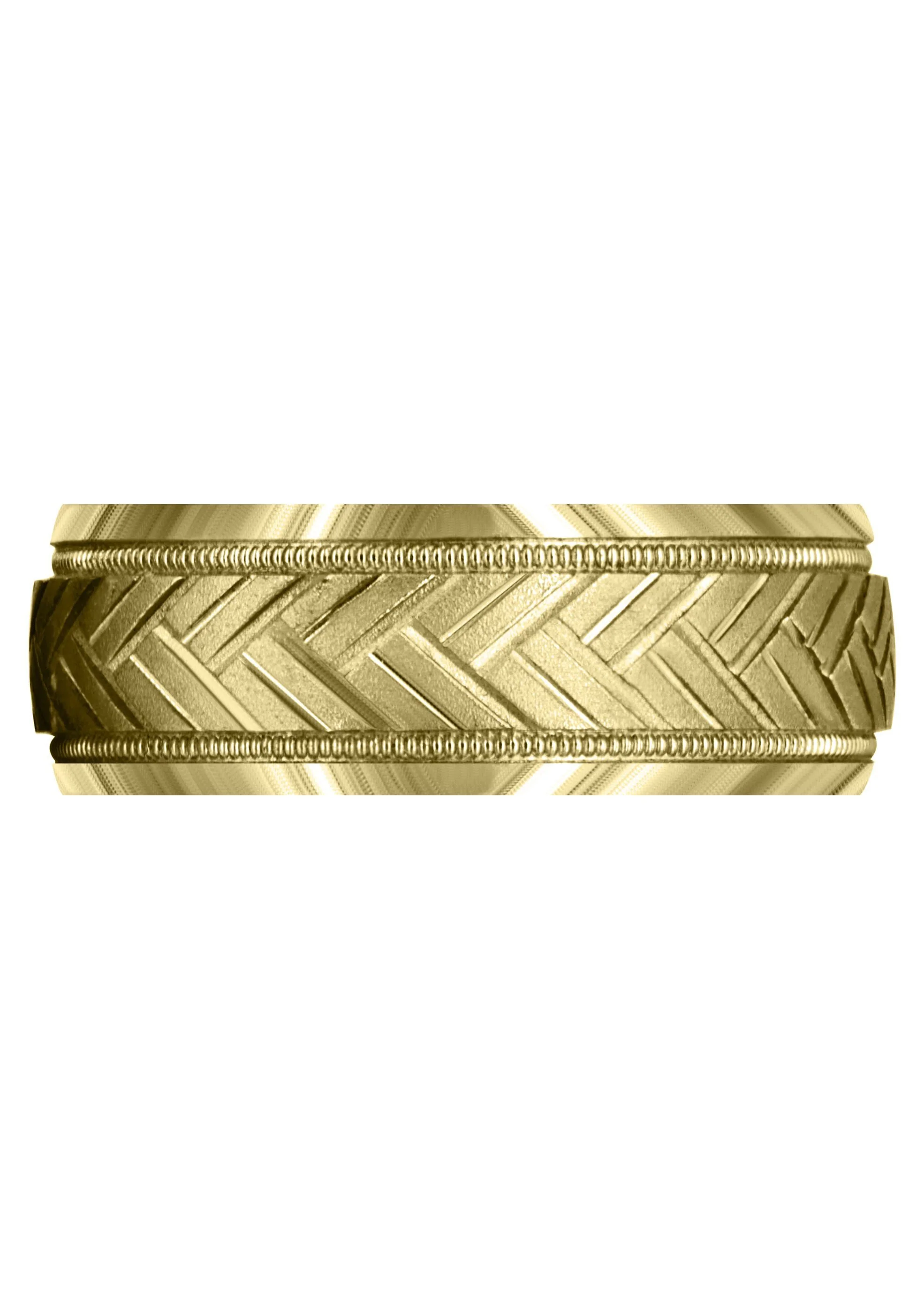 Yellow Gold Fancy Carved Contemporary Mens Wedding Band | High Polish Finish (Hunter) - Image 2