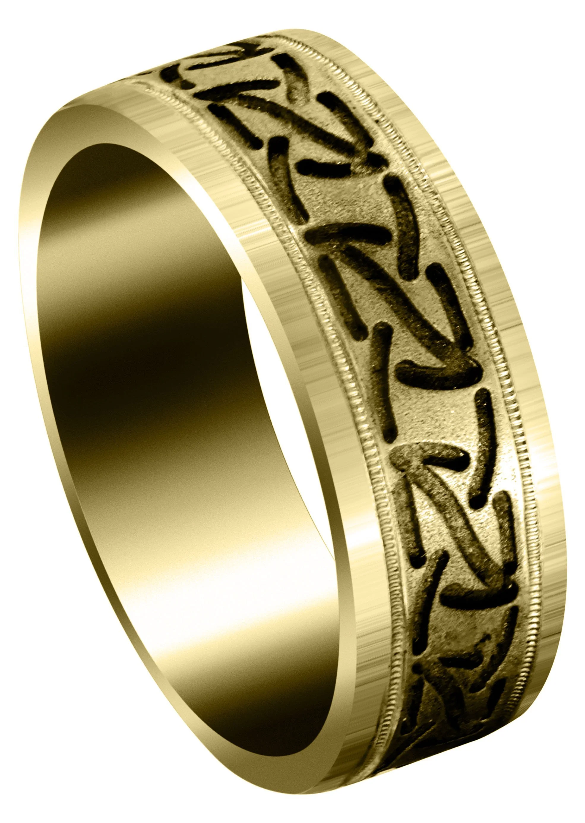 Yellow Gold Fancy Carved Contemporary Mens Wedding Band | GB / High Polish Finish (John)